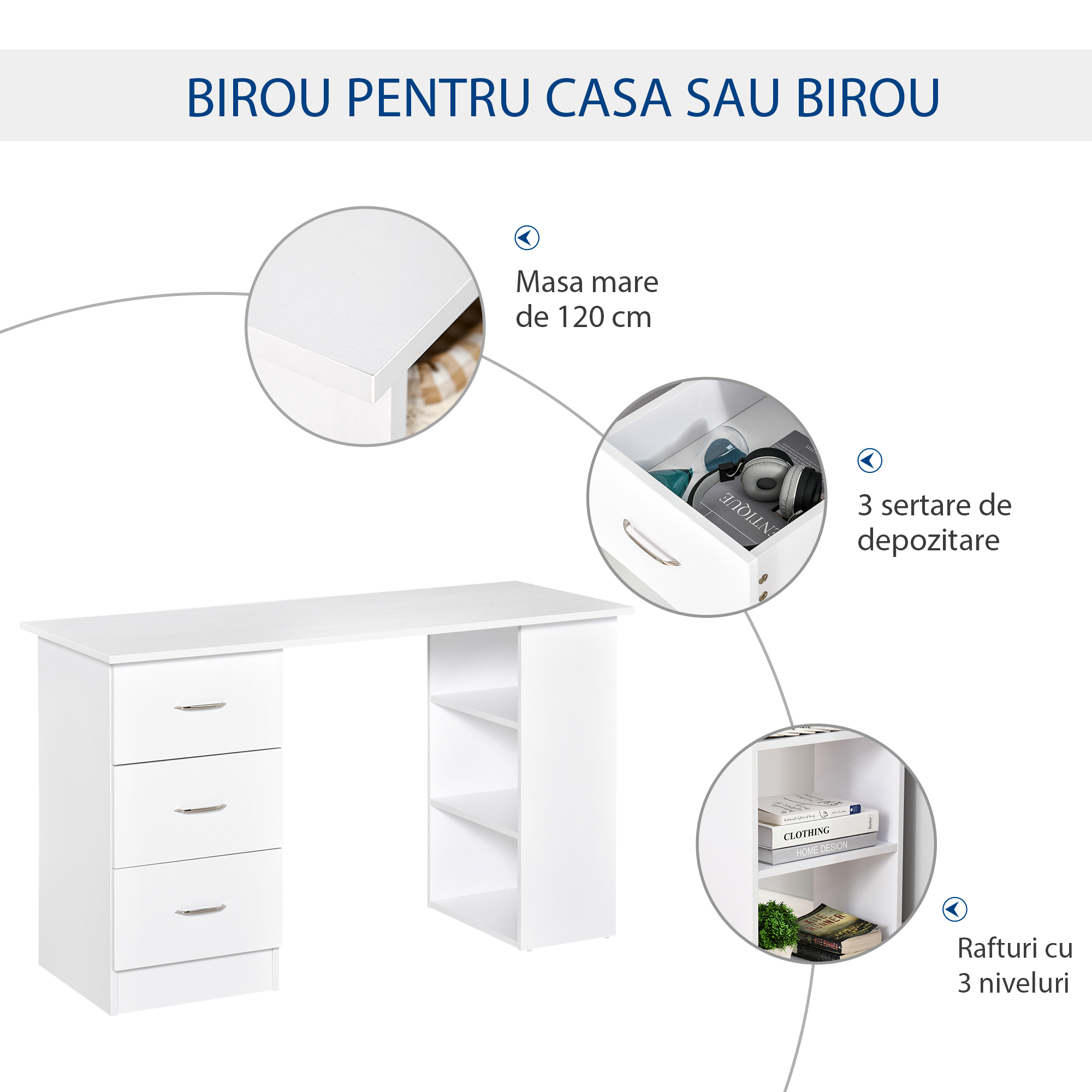  Birou modern cu 3 Sertare si Rafturi in Lemn Alb 120x49x72cm [3]