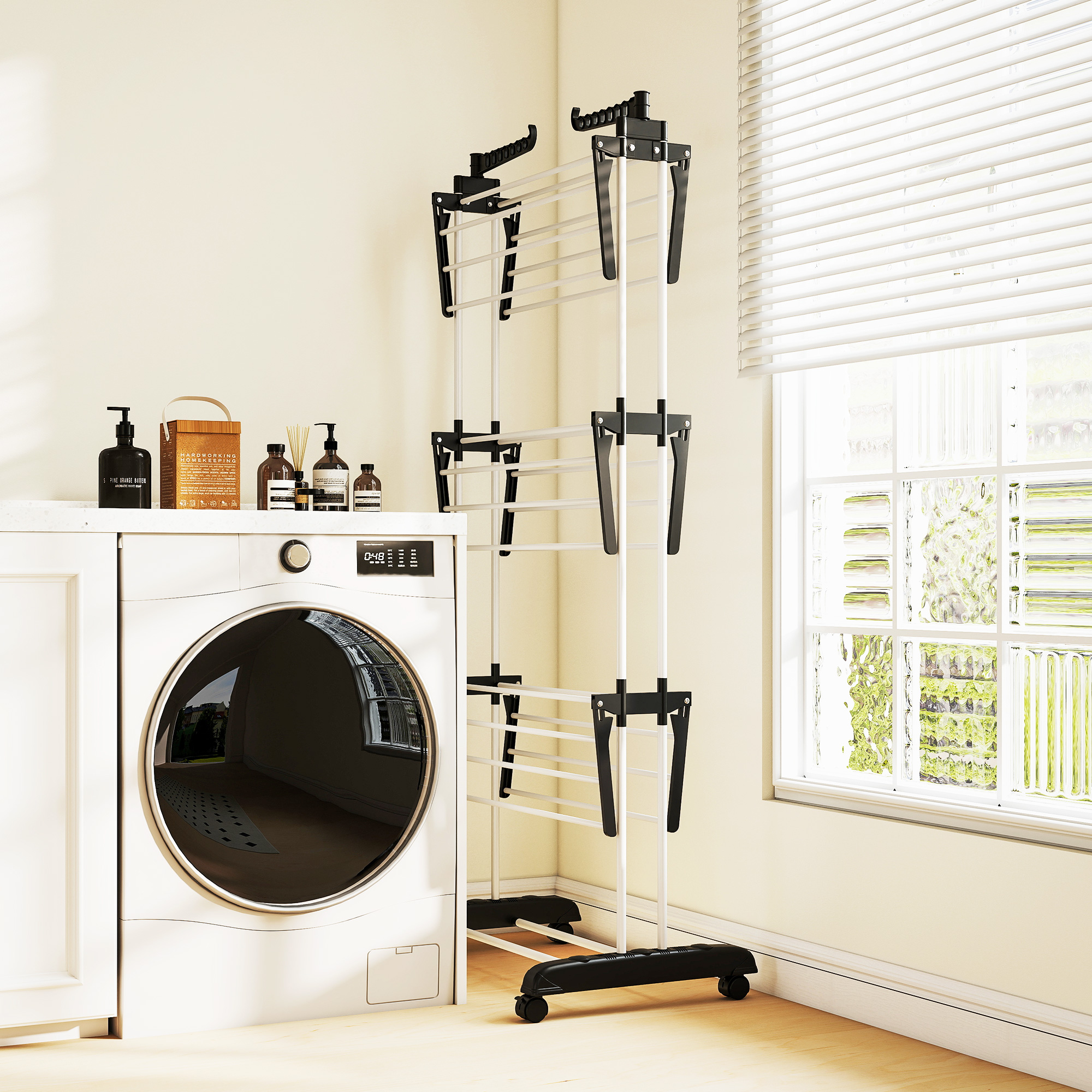  Uscator de rufe pliabil cu 4 nivele, aripi pivotante si 4 roti, din otel si PP, 73x64x177 cm, negru [8]