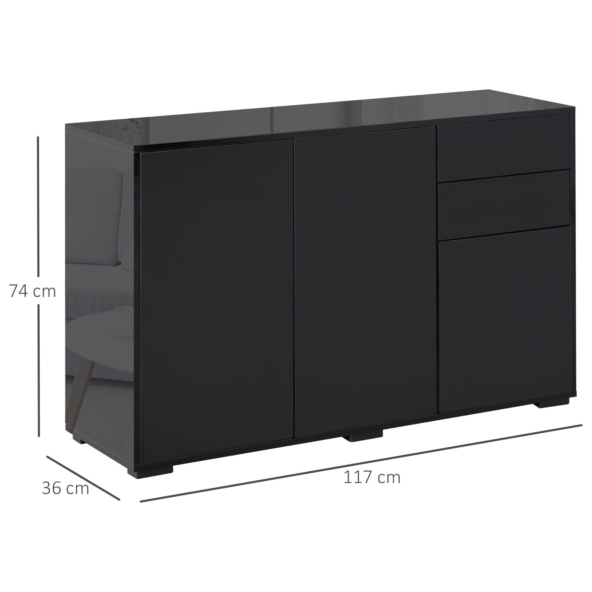 Dulap multifunctional negru  cu 2 sertare si 2 dulapuri cu apasare, 117x36x74cm [2]