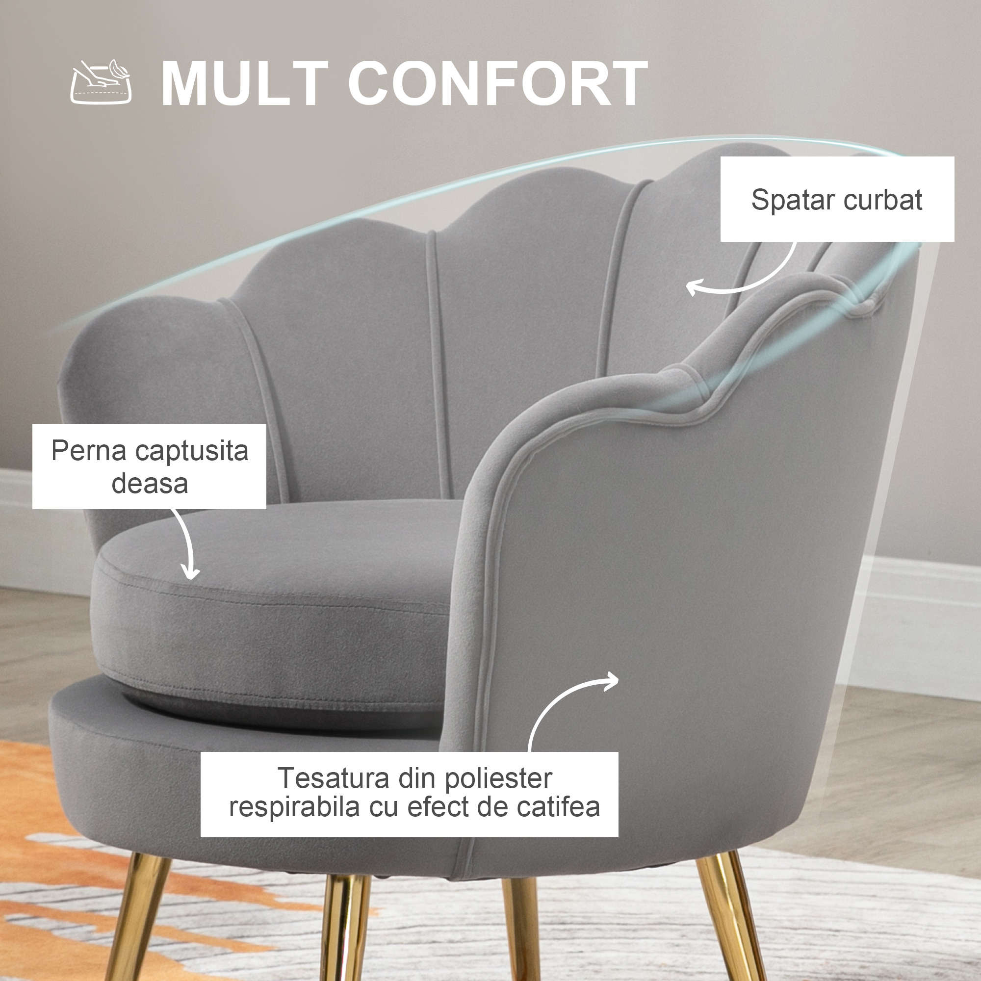  Fotoliu Vintage cu Design din Catifea Gri Fotoliu de Dormitor [4]