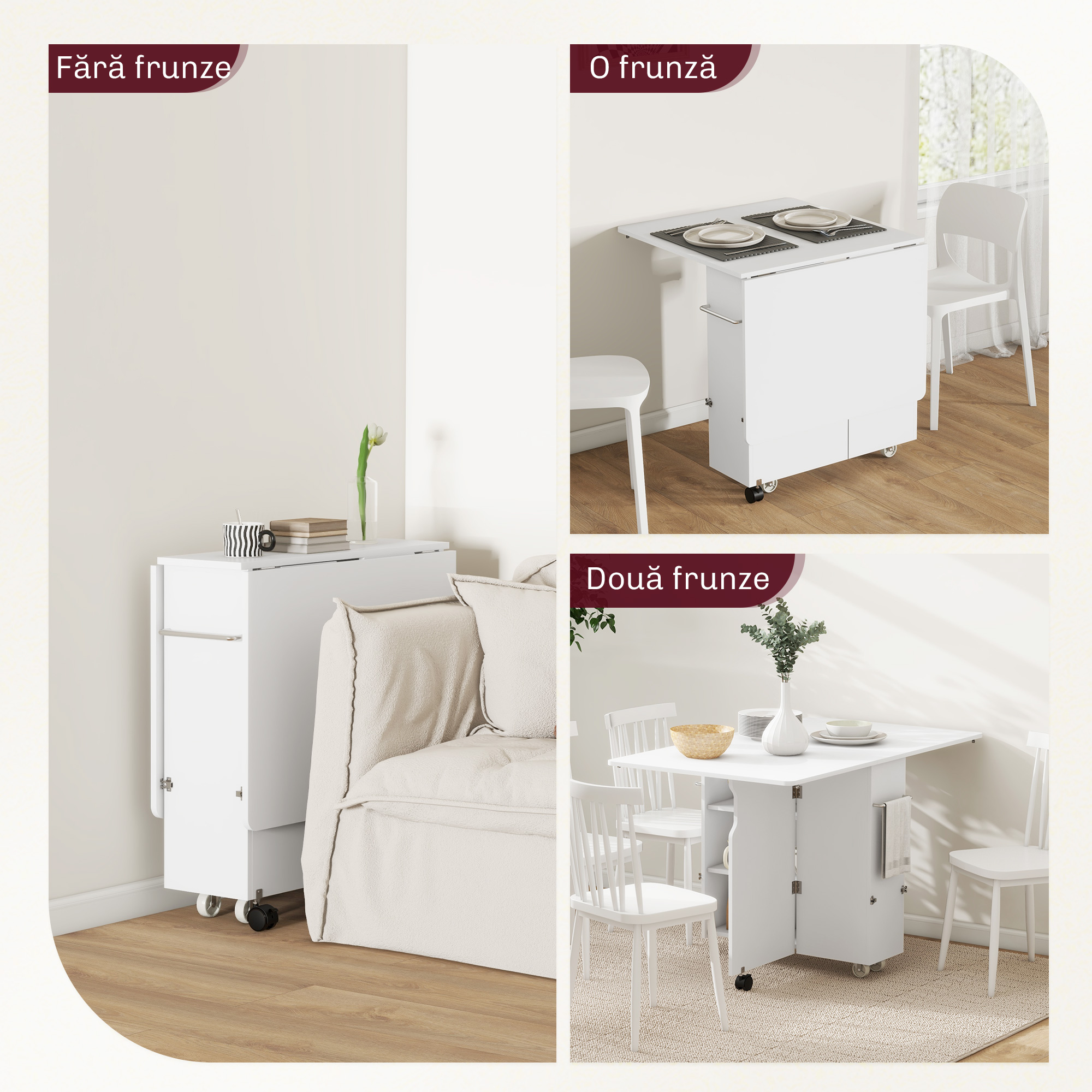  Masa Plianta, Rulanta, Masa Pliabila cu Cutie de Depozitare, Rafturi pe 3 Niveluri si Suport, 130x80x76.5 cm, Alb [3]