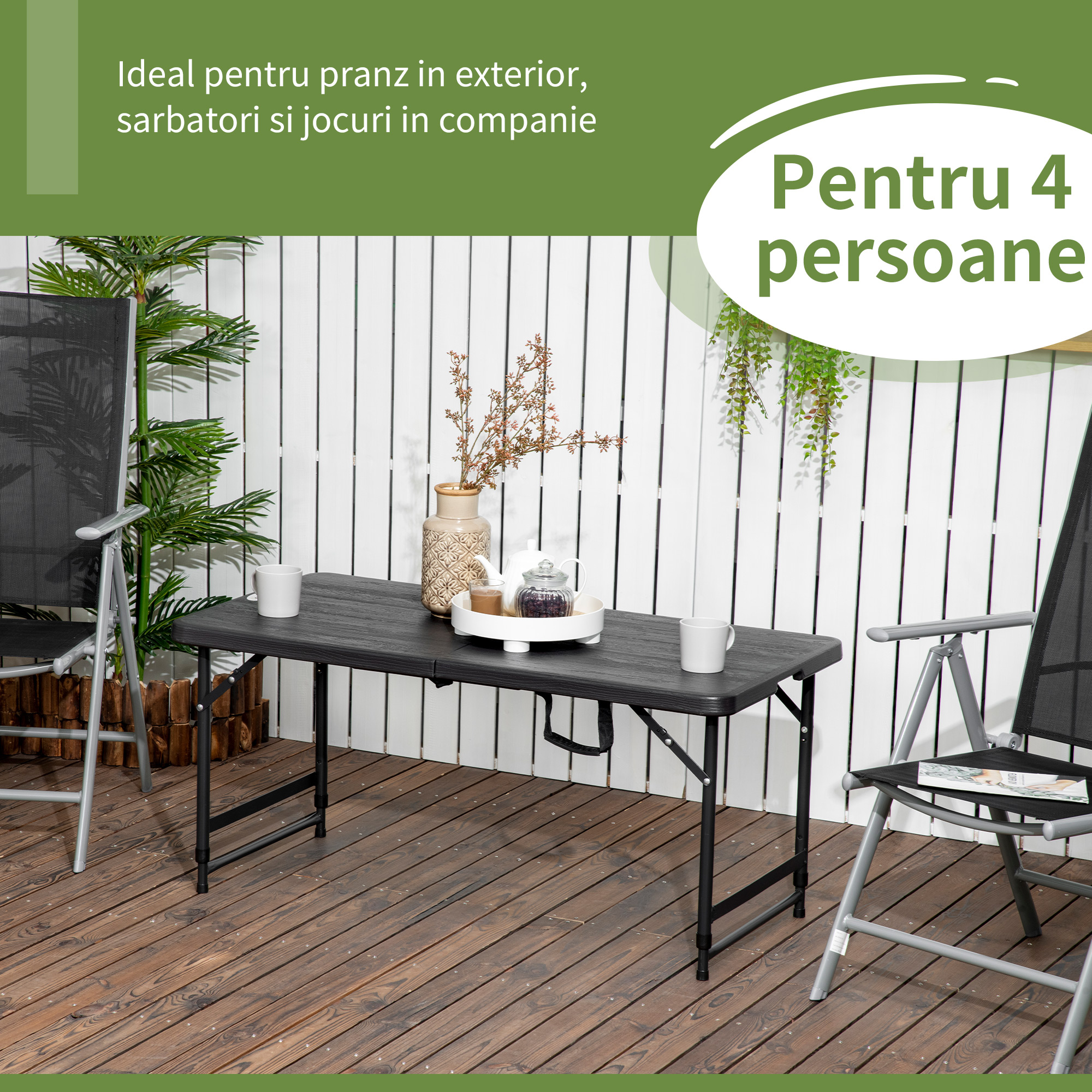  Masa pliabila pentru gradina pentru 4 persoane, Masa dreptunghiulara de exterior cu inaltime reglabila, cu blat de masa din HDPE si cadru de otel, gri inchis [3]