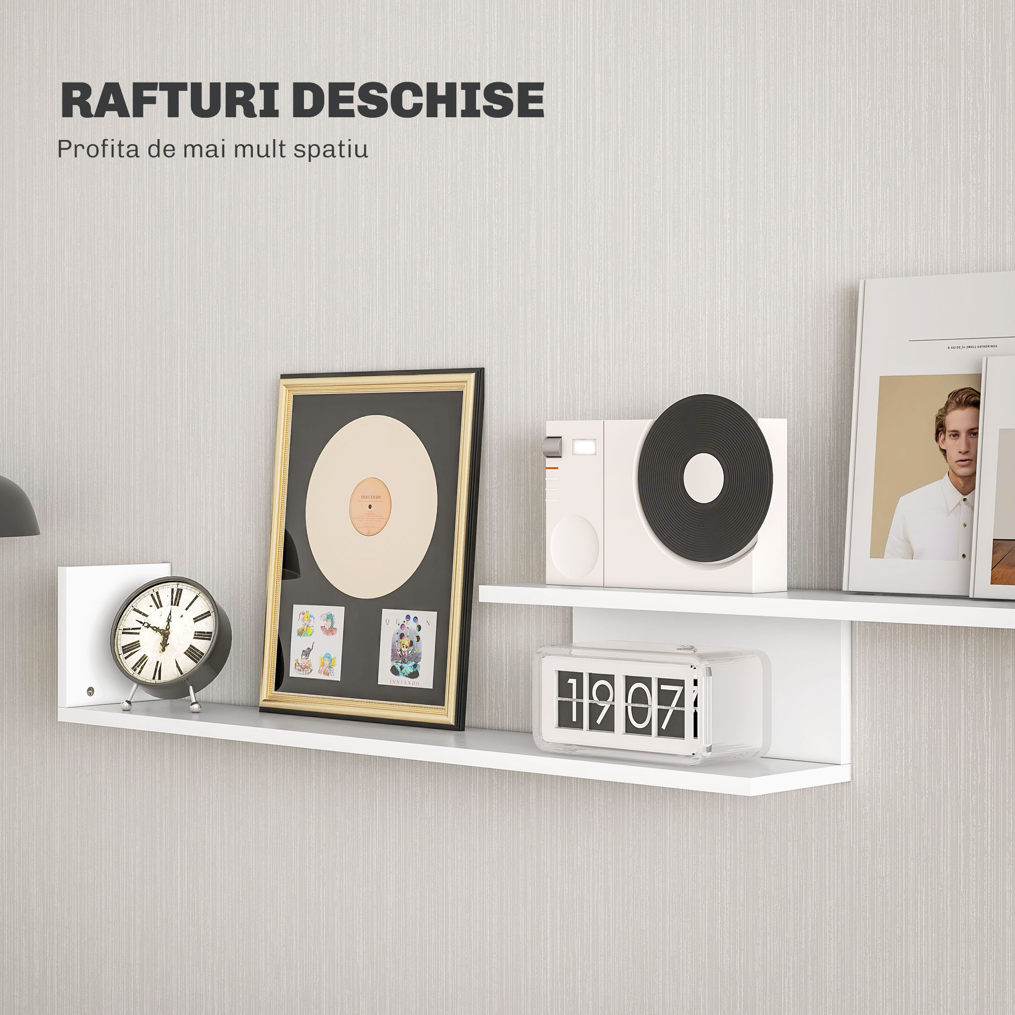  Mobilier TV cu Raft de Perete, Rafturi Deschise si Dulapior din Lemn, Mobilier TV Modern, 153,6x25x42 cm, Alb [5]