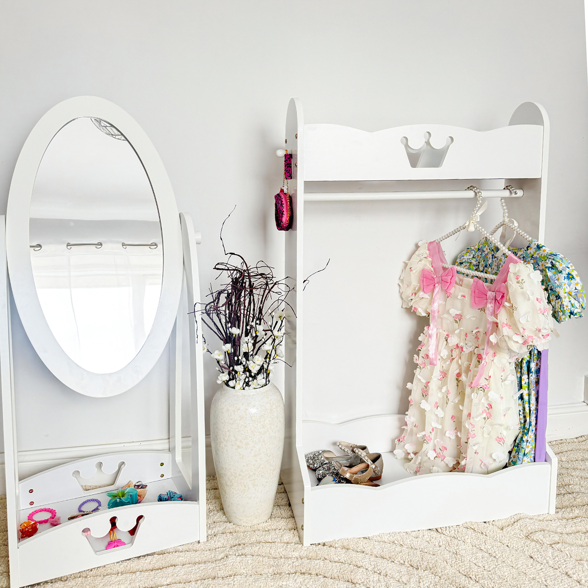  Suport pentru Haine din Lemn cu Etajere si Agatatori Laterale Alb [6]