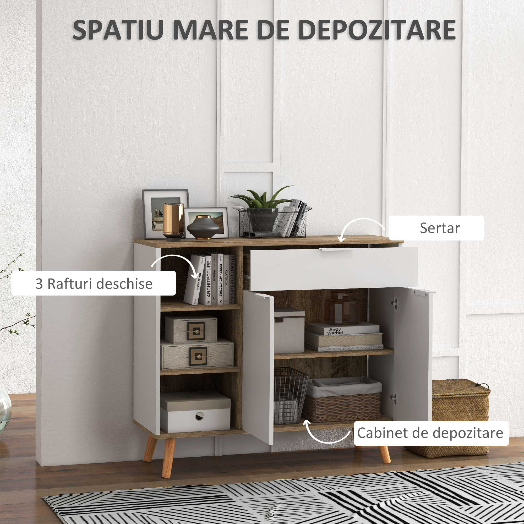  Bufet de Depozitare Modern cu Sertar, Usi, Alb [6]