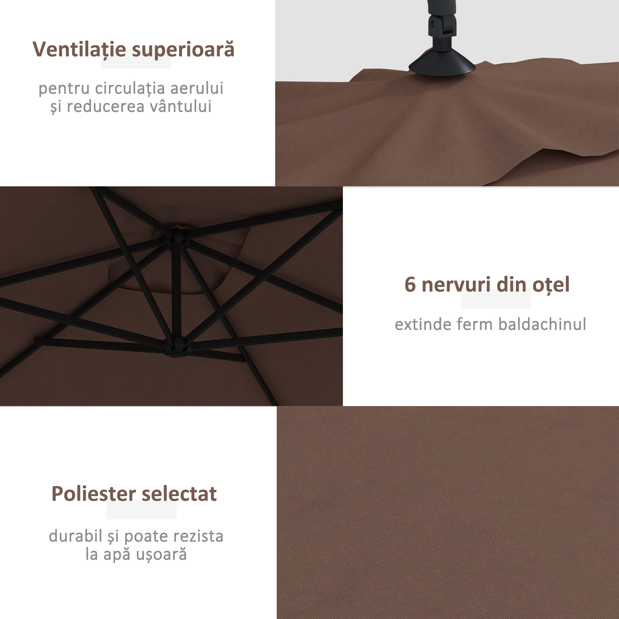  Umbrela de Gradina Suspendata cu Baza in Forma de Cruce si Deschidere cu Manivela, 294x193cm, Maro [4]