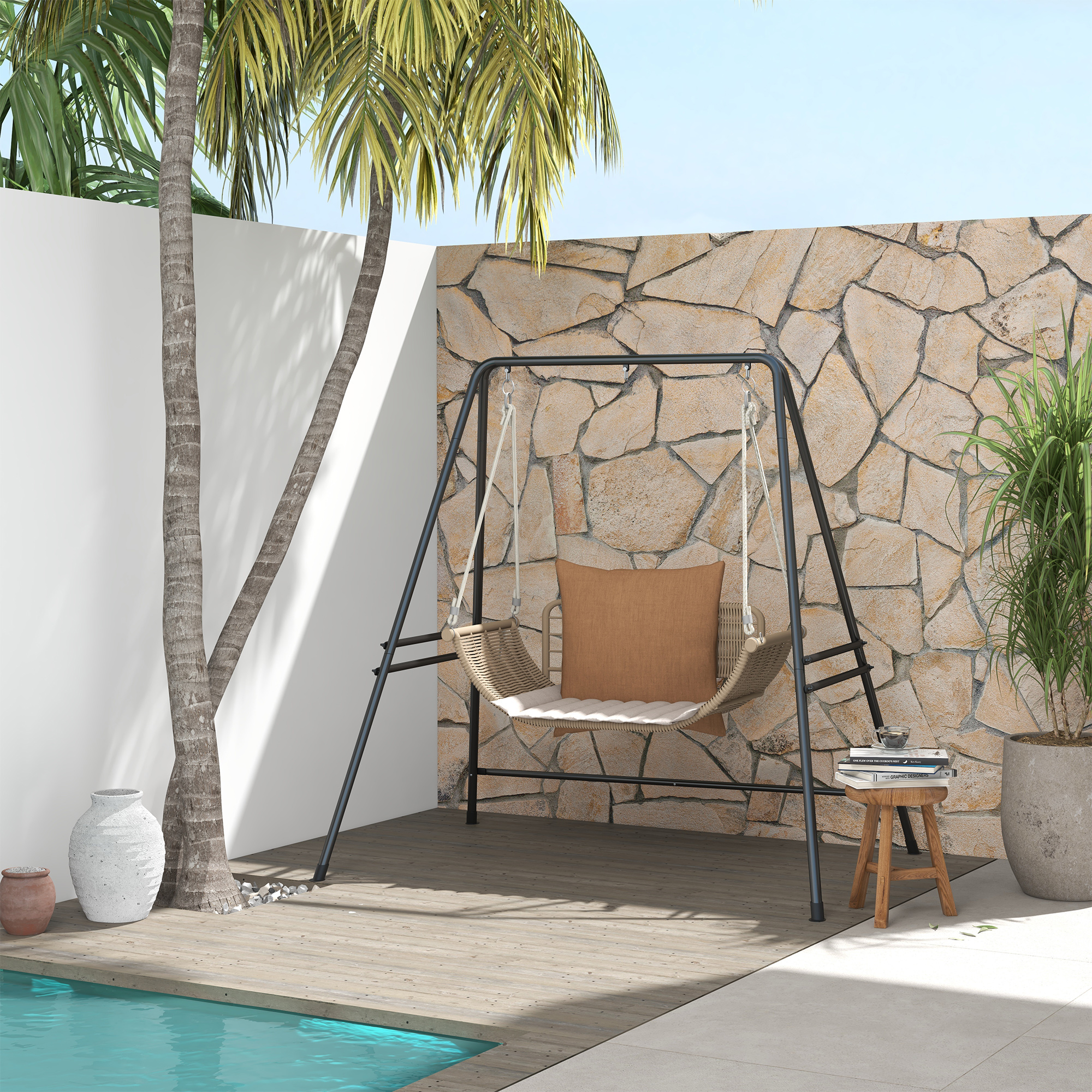  Suport pentru Scaun Hamac, Cadru Metalic Rezistent pentru Hamac Suspendat, Balansoar de Terasa, Fotoliu Tip Ou, Negru [1]