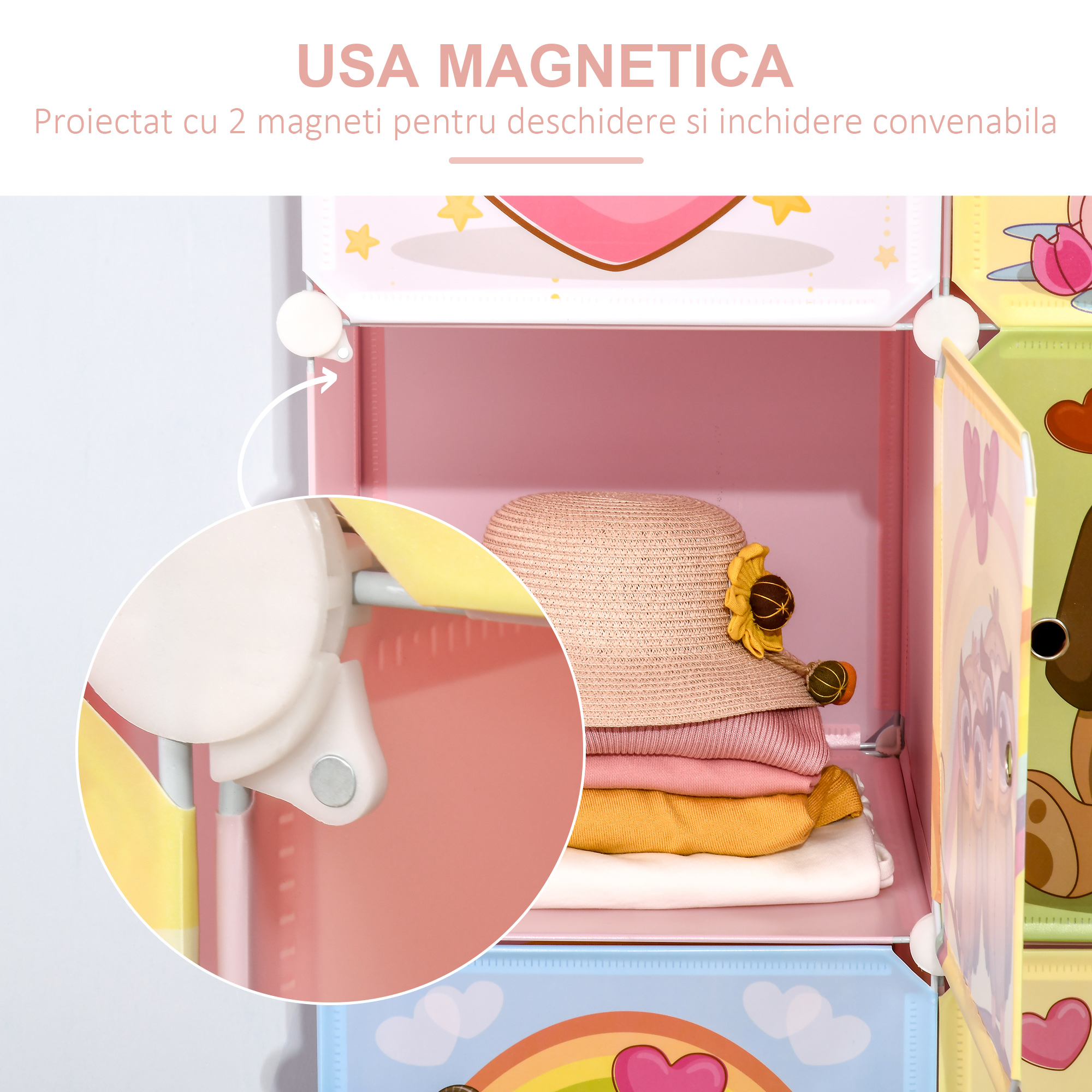  Mobilier pentru incaltaminte modular cu decor animalier, 8 cuburi din plastic PP si otel, 74x47x144cm, Roz [5]