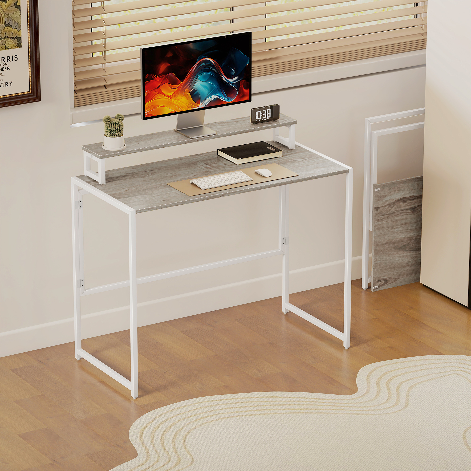  Birou Pliabil Economisitor de Spatiu cu Stand pentru Monitor Detasabil, 100x48x87,5 cm, Lemn [6]