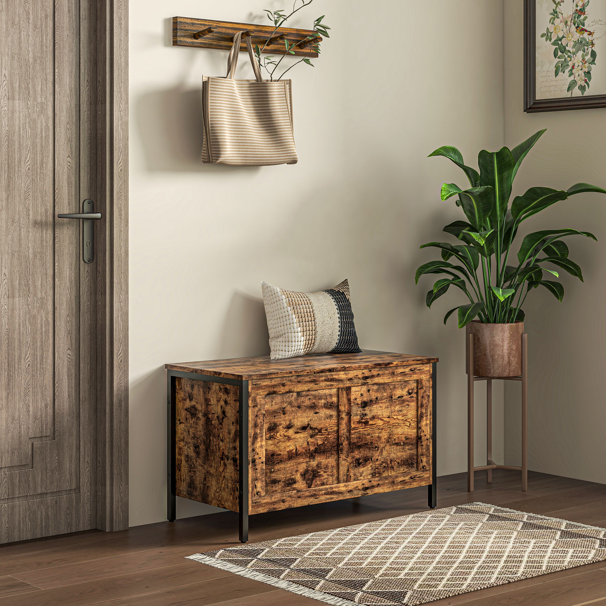  Banca de Depozitare de 95L in Stil Industrial cu Capac cu Balamale de Siguranta, 80x40x49 cm, Maro Rustic [1]