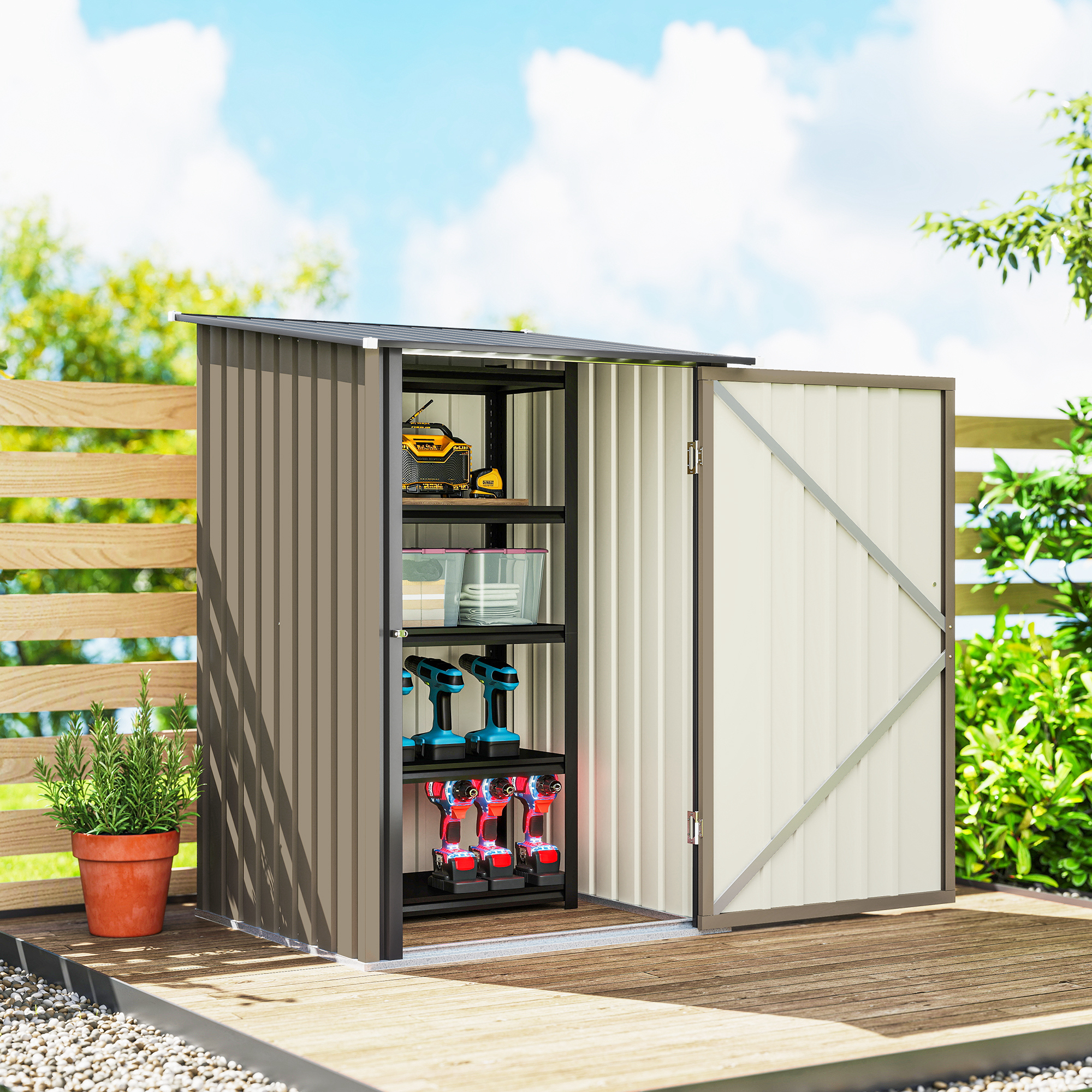  Magazie de Gradina 0,92m² din Otel Galvanizat, Depozit pentru Unelte cu Usa Blocabila si Acoperis inclinat, 100x104x160 cm, Maro si Gri inchis [7]