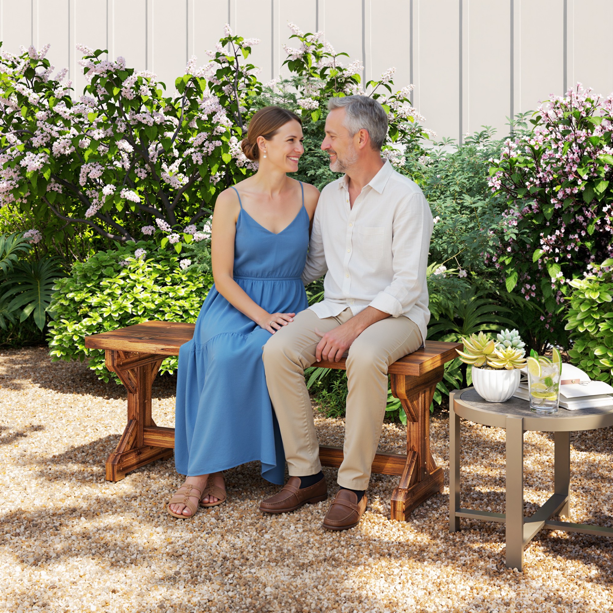  Banca de Gradina cu 2 Locuri din Lemn de Brad cu Baza in Forma de X, Banca Rustica pentru Exterior Fara Spatar, pentru Terasa, Balcon, 114L x 40l x 46i cm, Carbonizata [1]