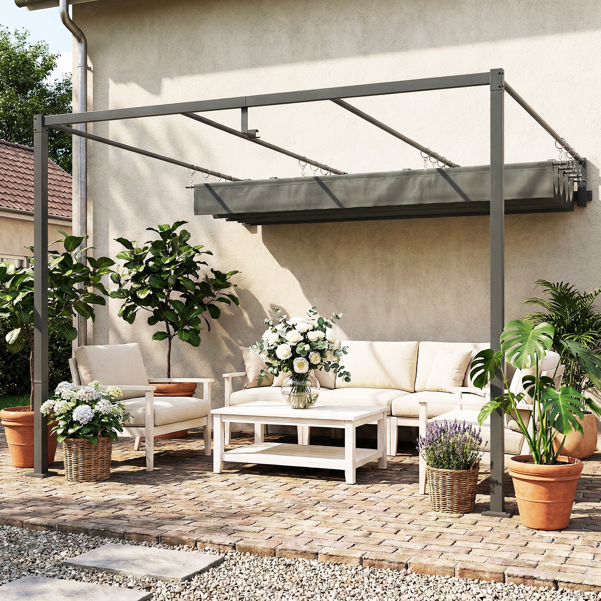  Pergola montata 3x3 m cu acoperis retractabil glisant, guri de drenaj, pergola de gradina din poliester si otel, pentru terasa, curte, exterior, UV30+, Gri inchis [7]