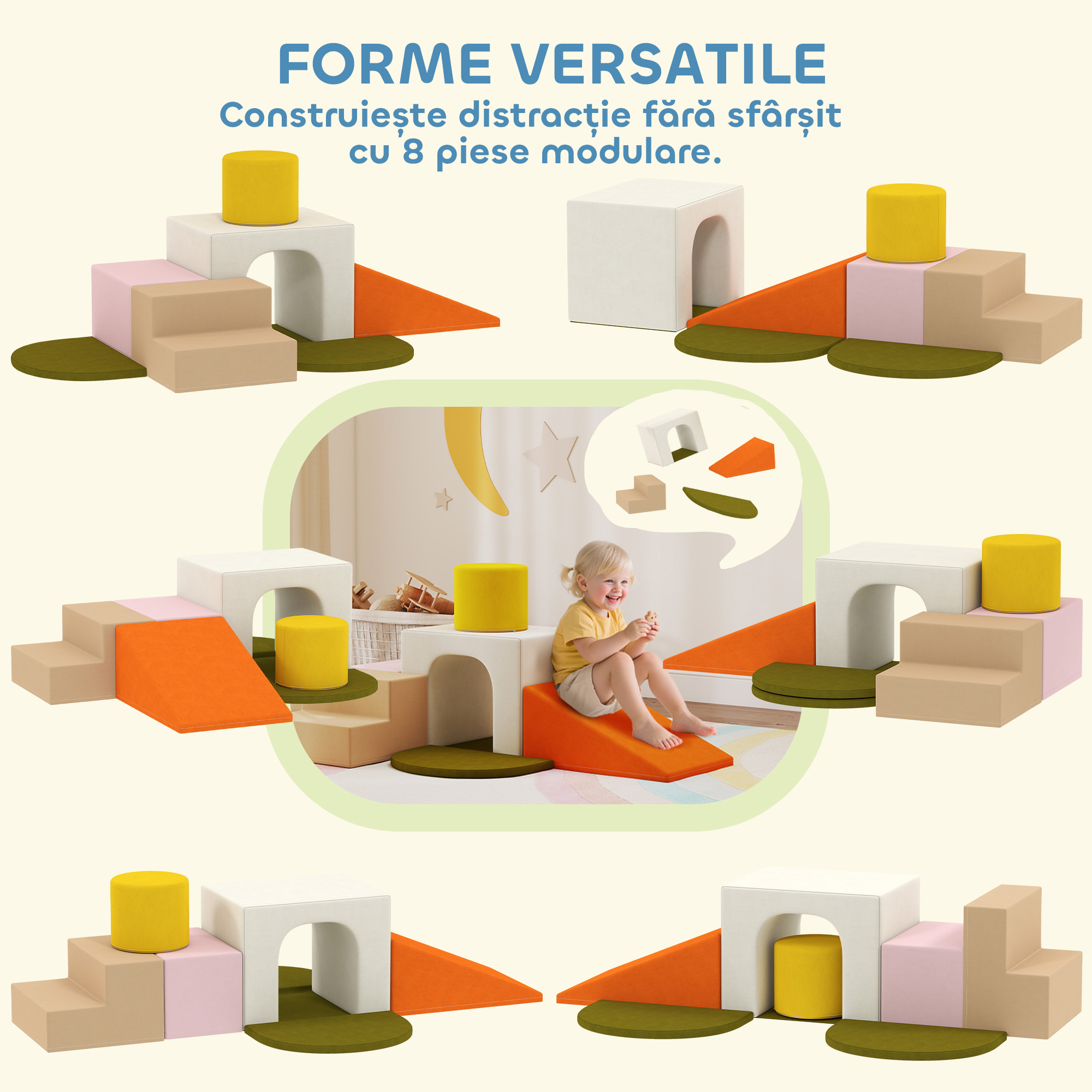  Set 8 Constructii Moi pentru Copii 0-3 Ani de Interior, din Catifea si Spuma PU Portocaliu [3]