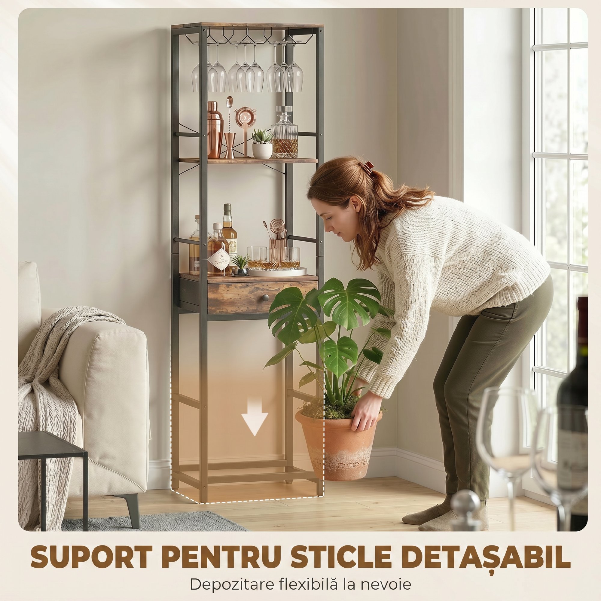  Dulap de Bar, Mobilier de Bar cu Sertar si Suport pentru Pahare, Maro Rustic [5]