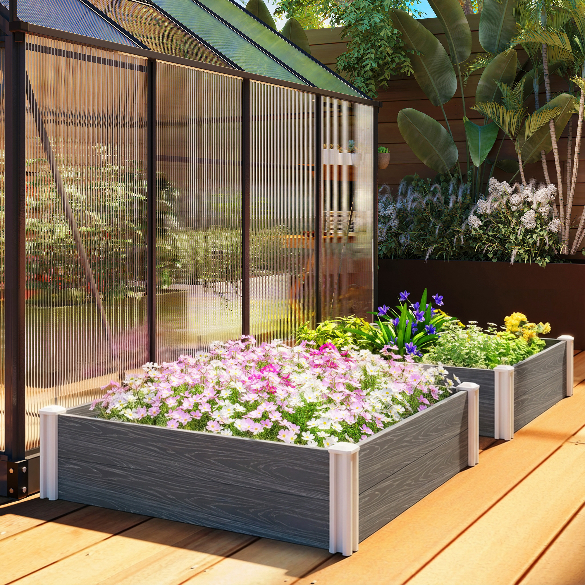  Strat inaltat pentru Gradina din Vinil, 102x102x33 cm, Kit Modular cu Picioare imbinabile si Baza Deschisa, Ghiveci pentru Culturi de Flori, Ierburi si Legume, Gri inchis [8]