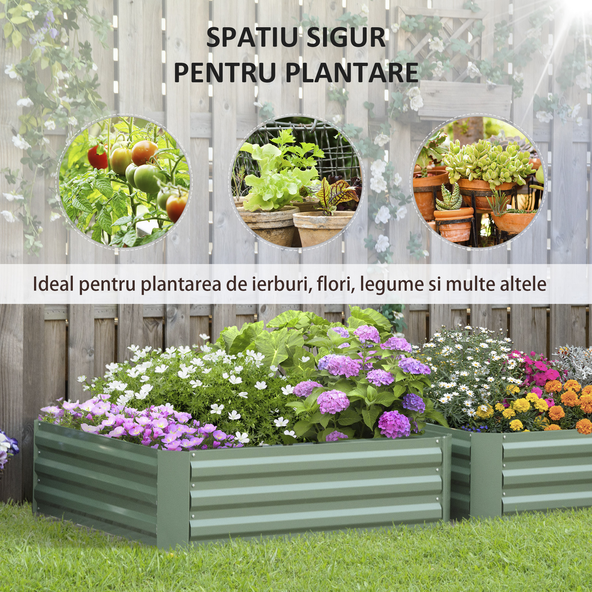  Set 2 Paturi de Gradina inaltate din Otel, Jardiniera de Gradina pentru Plante, Legume si Arbusti, 100x100 cm, Verde [3]