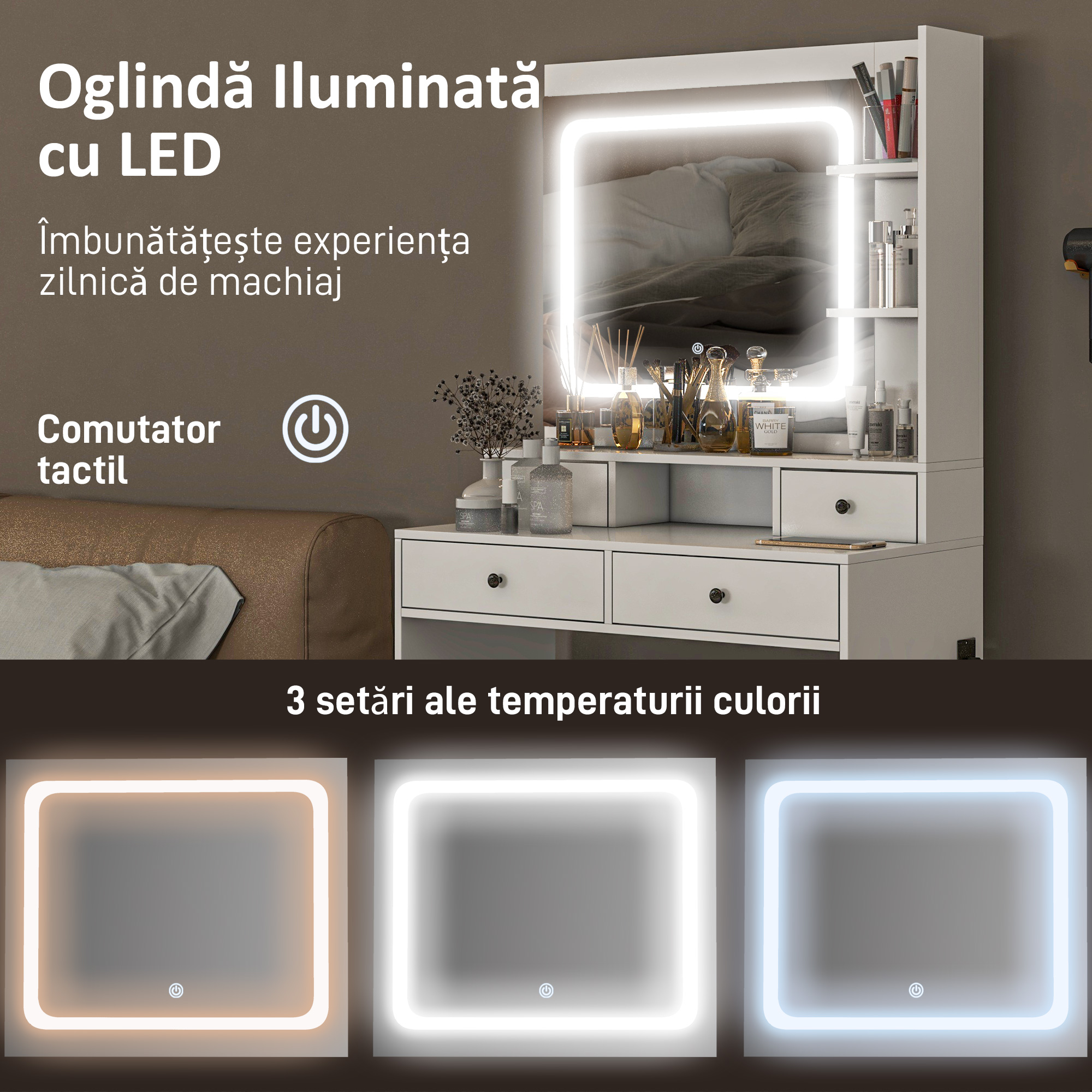 Masa de Toaleta cu Oglinda Iluminata LED, Masa de Machiaj cu Statie de incarcare, 4 sertare si rafturi de depozitare, 90x45x160 cm, Alb [3]