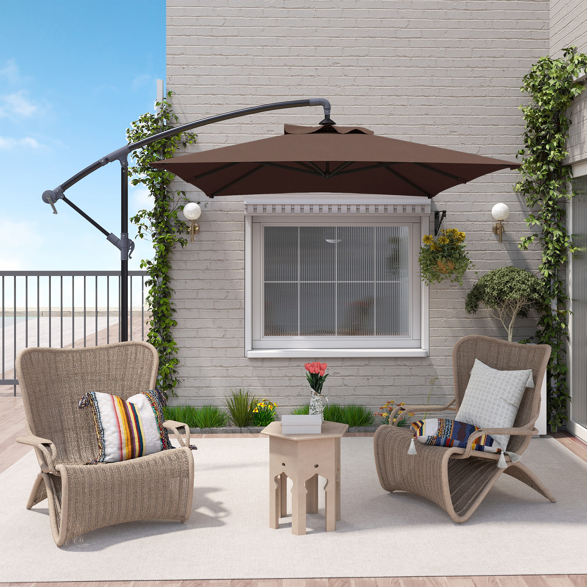  Umbrela de Gradina Suspendata cu Baza in Forma de Cruce si Deschidere cu Manivela, 294x193cm, Maro [1]