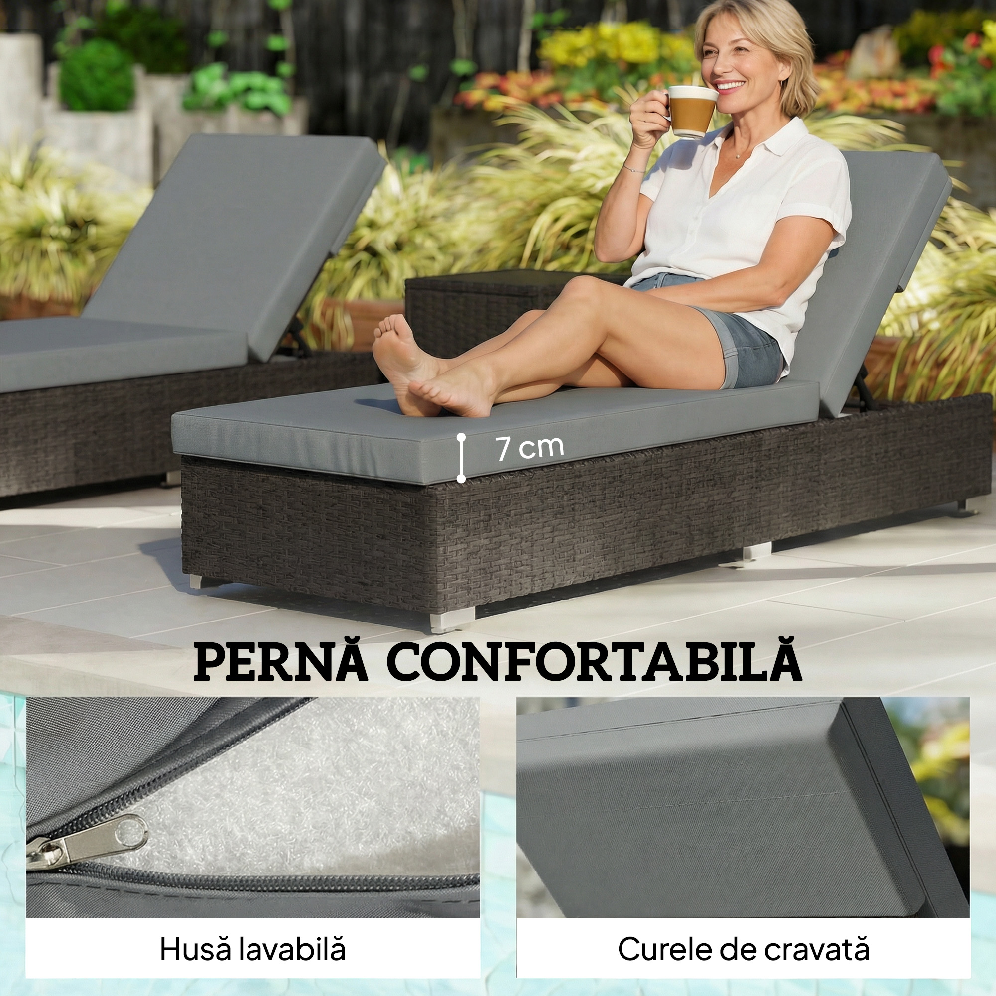  Set 2 sezlonguri de Gradina din Ratan cu Masuta Laterala si Spatar Reglabil, 184x60x22 cm, Gri inchis [4]