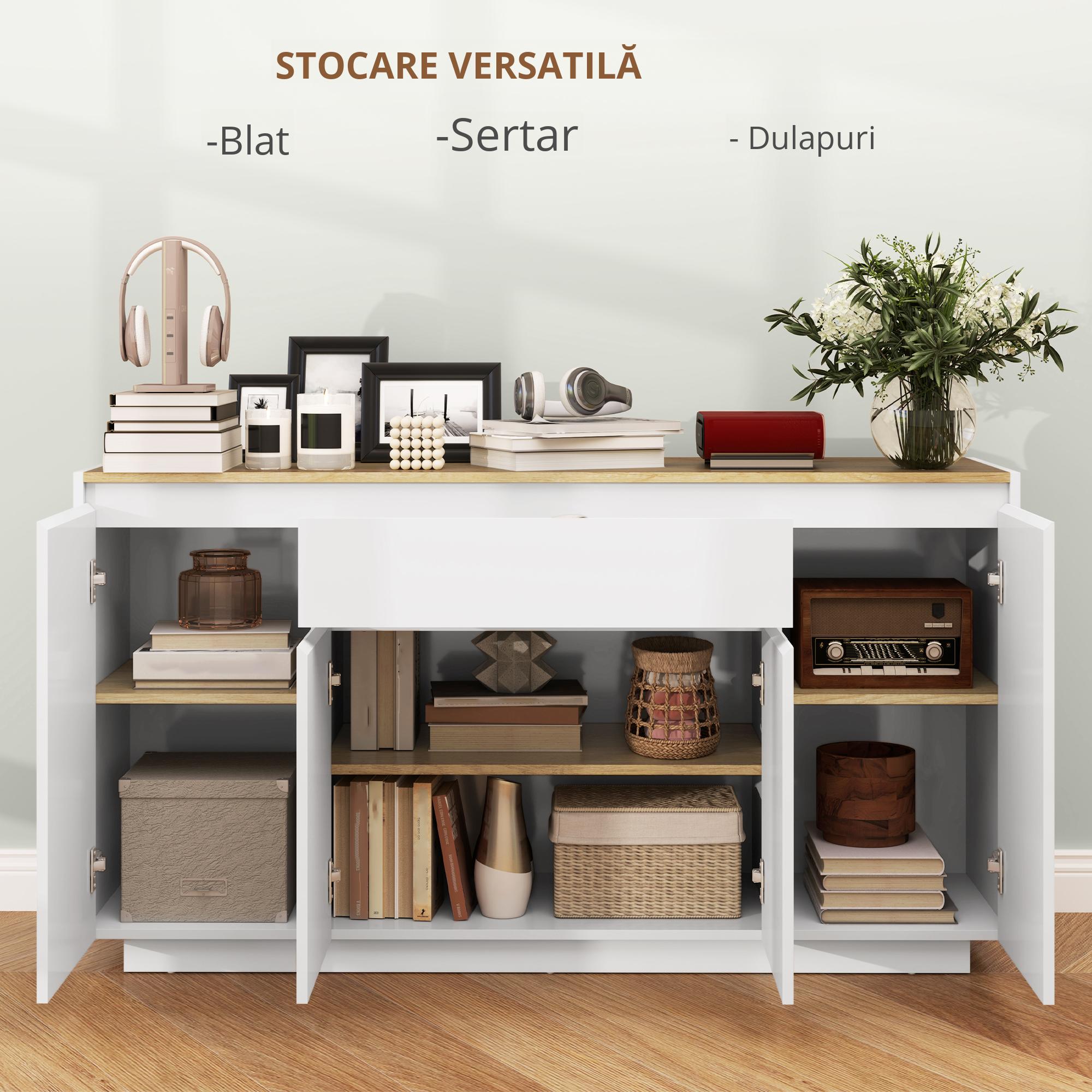  Bufet de Bucatarie cu 3 Dulapuri si 4 Usi cu ichidere Lina, Mobilier Modern cu Sertar, 140x40x75 cm, Alb [5]