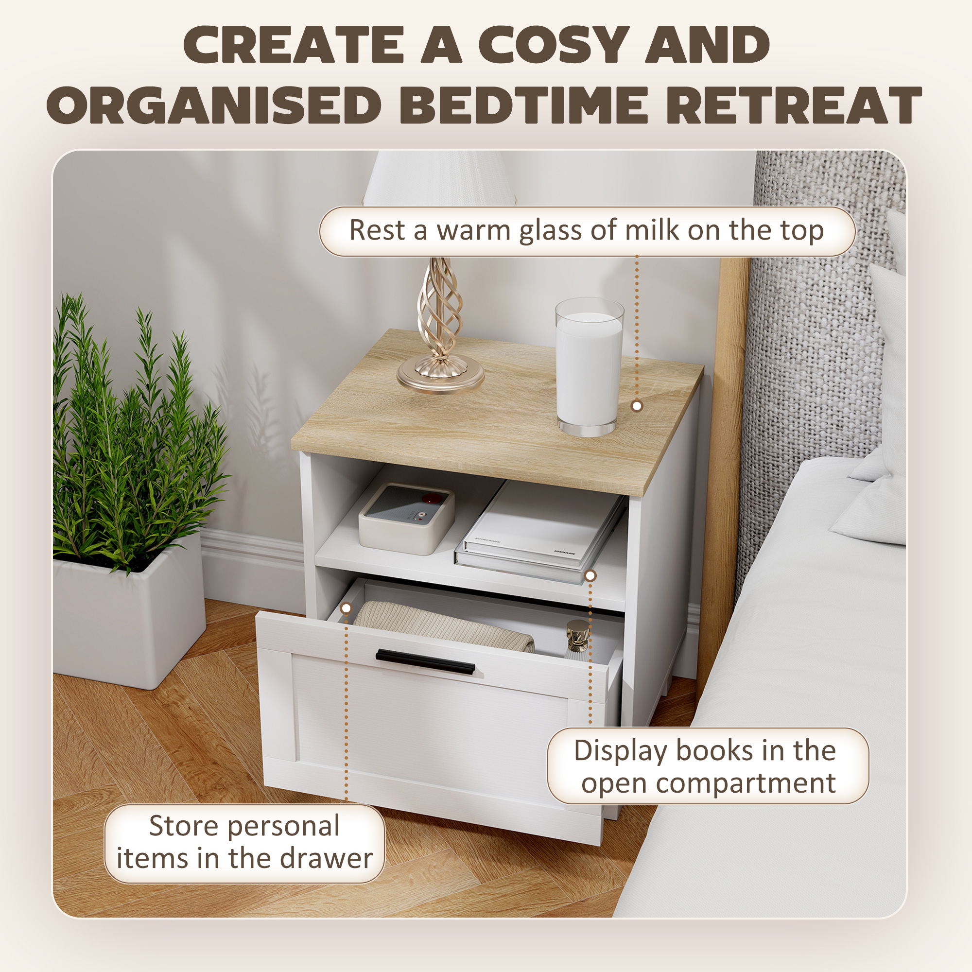  Noptiera Moderna Minimalista cu Sertar si Raft Deschis, din Lemn, 45x38x50 cm, Alb si Lemn Natural [3]