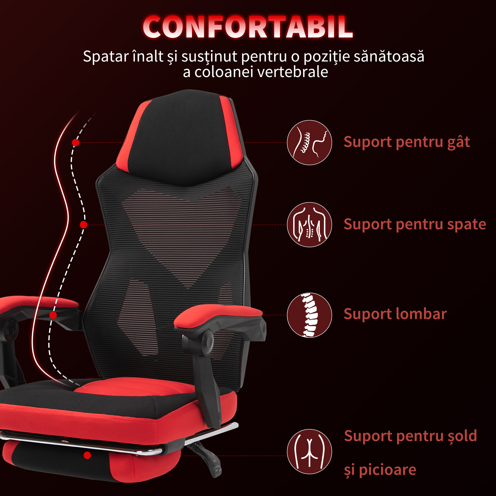 Scaun de Birou Ergonomic si Reclinabil  cu Suport pentru Picioare, din Material Textil Respirabil, 58x63x112-122 cm, Negru si Rosu [3]