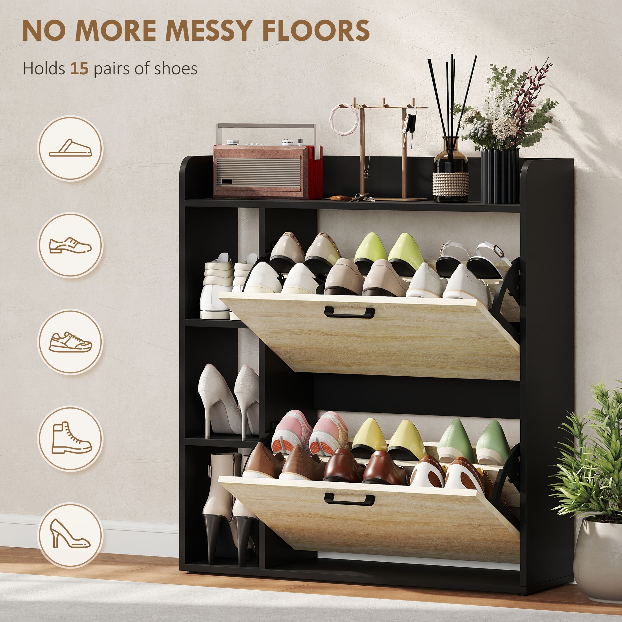  Dulap pentru pantofi slim cu 2 sertare si 3 compartimente deschise, Capacitate 15 perechi, 83x24x90.5 cm, Negru [3]