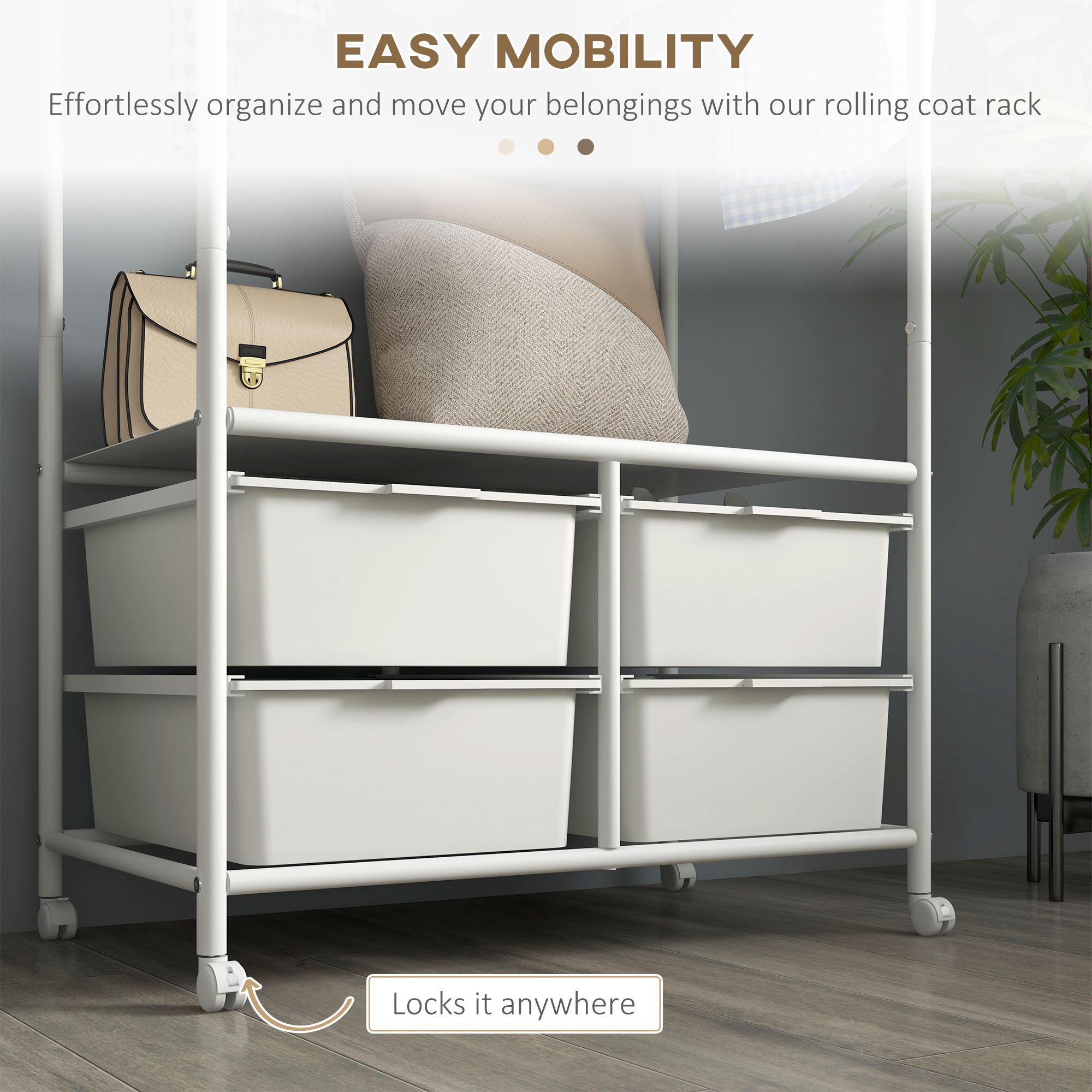  Suport de Haine cu Dulap pentru Pantofi, 4 Cosuri si 8 Carlige, din Otel si Plastic, 63x37x153 cm, Alb [6]