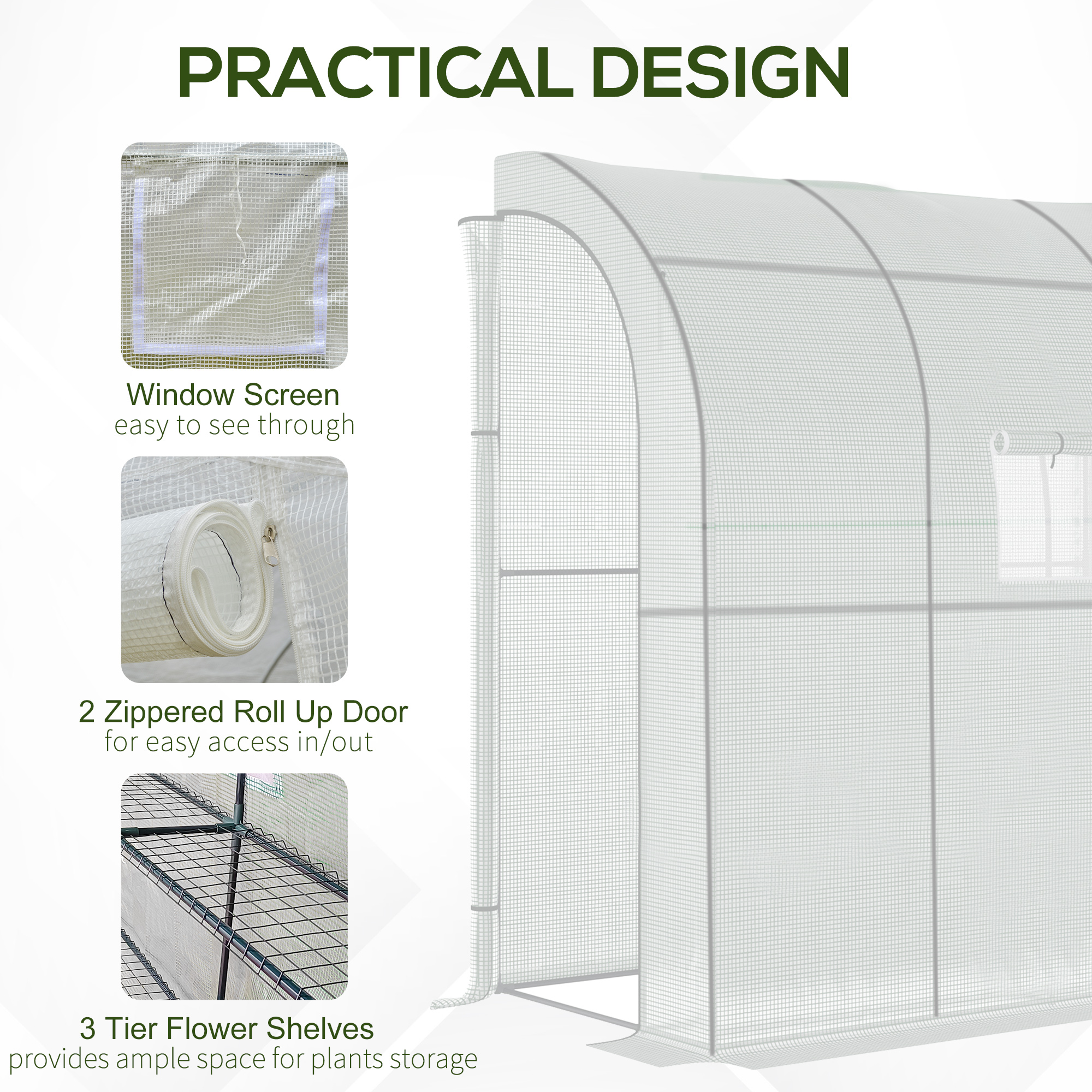  7' x 3' x 7' Outdoor Walk-In Greenhouse, Plant Nursery with Roll-up Windows, PE Cover, and 3 Wire Shelves, White [5]