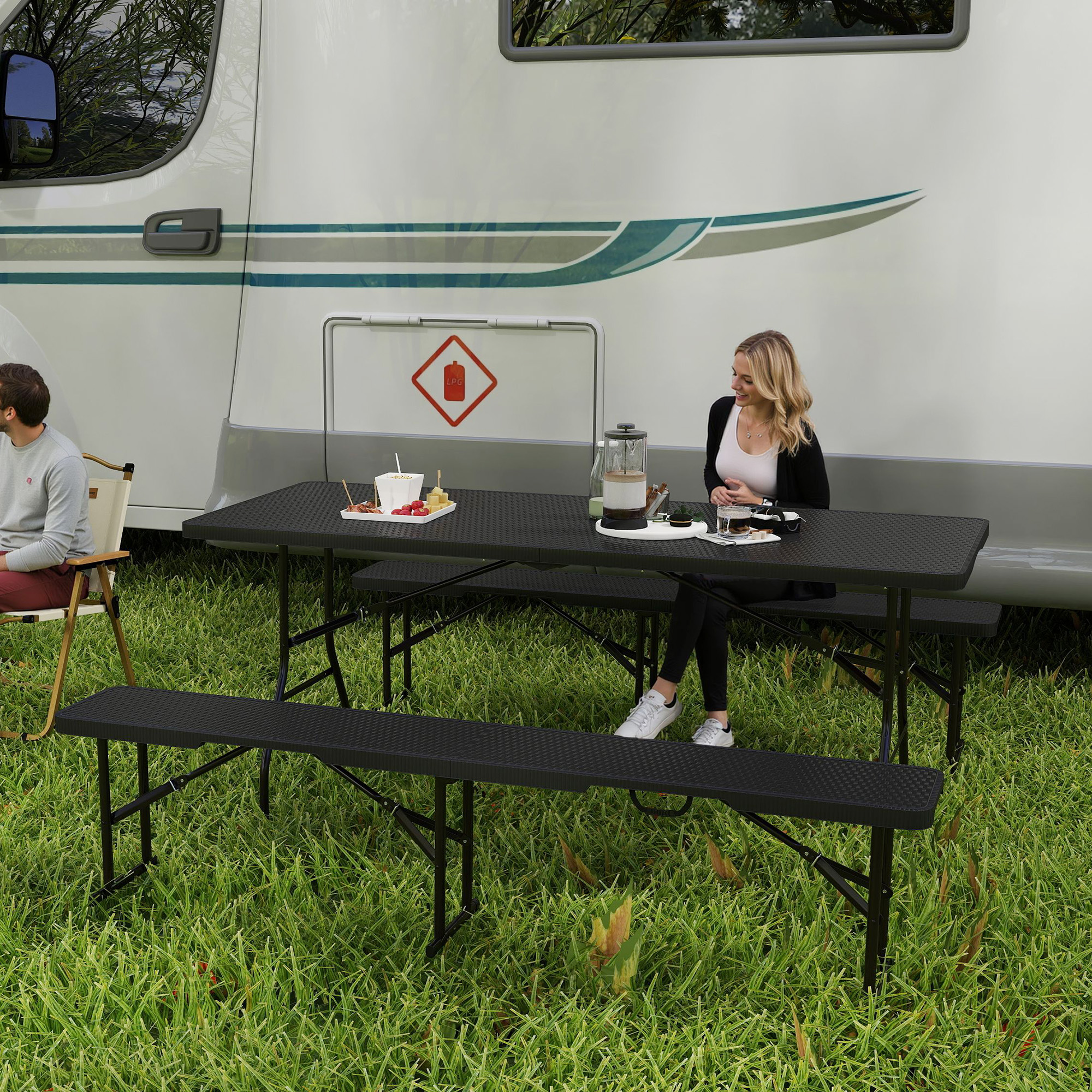  Set Masa de Camping Pliabila cu 2 Scaune si Manere din HDPE si Metal, 180x74x74 cm, Negru [1]