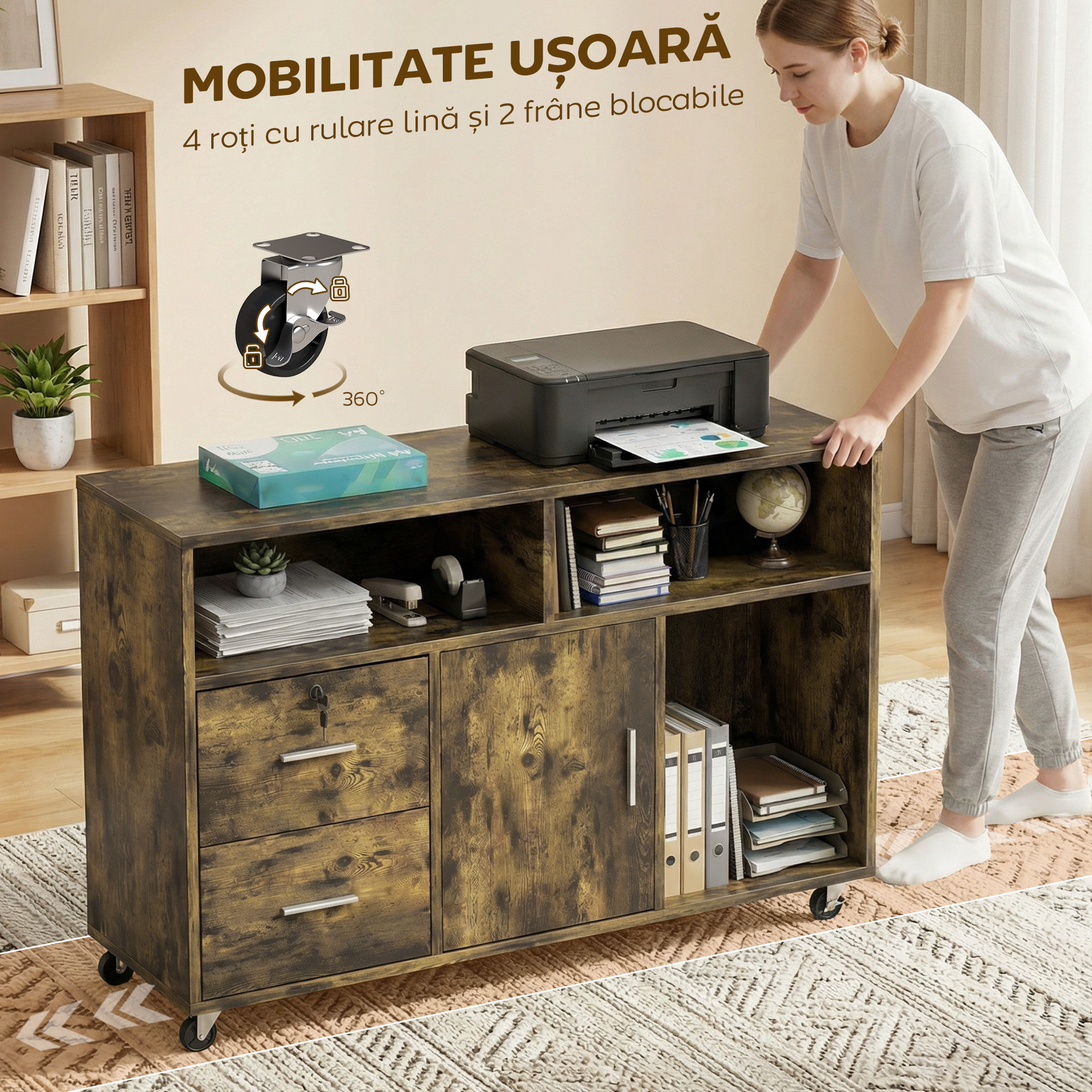  Dulap pentru Imprimanta pe Roti cu 2 Sertare cu incuietoare, 3 Rafturi si Dulap, Dulap pentru Documente de Birou si Studio, 100x35x65 cm, Maro Rustic [4]