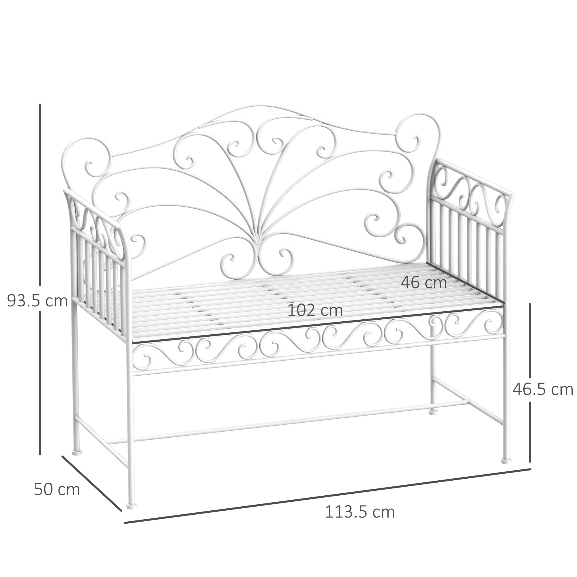  Banca de Exterior cu 2 Locuri, Banca de Gradina in Stil Romantic din Fier, 113,5x50x96 cm, Alb [2]