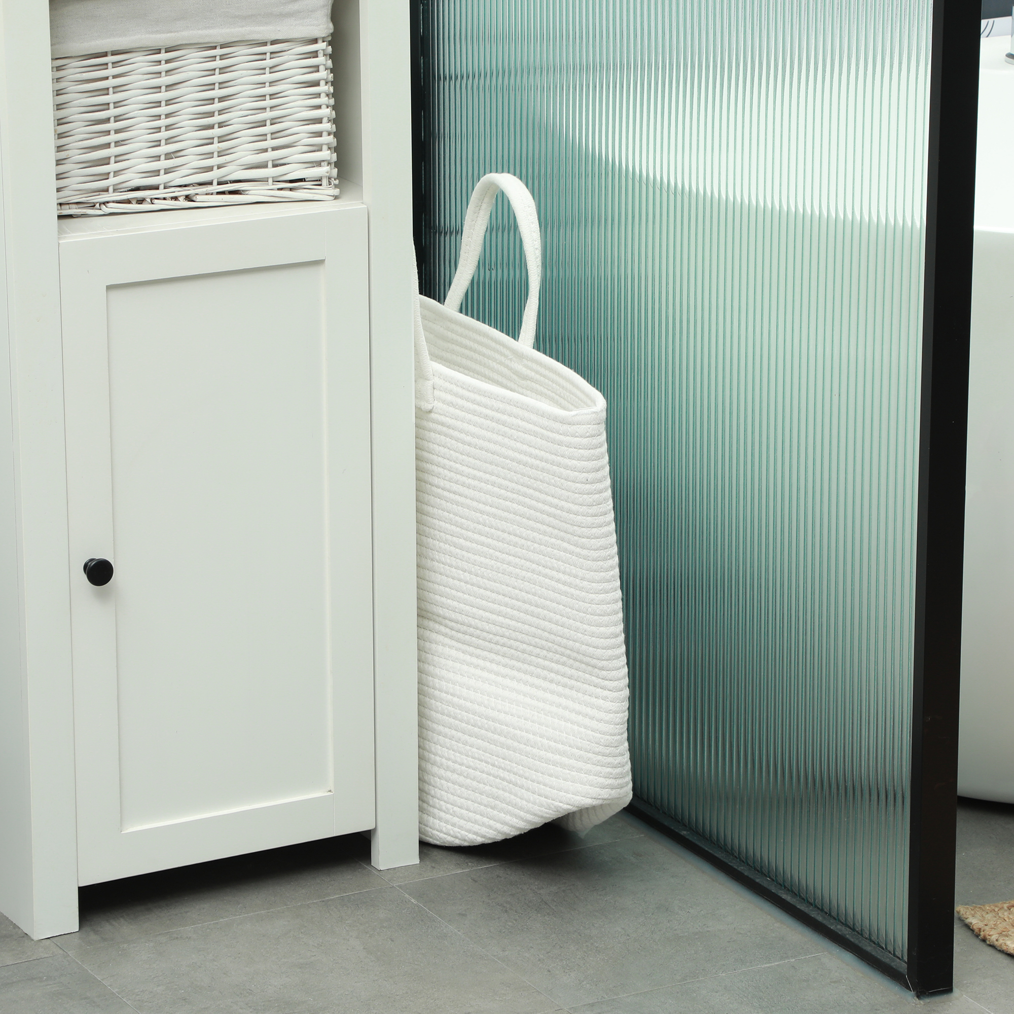  Cos pentru rufe de 36L, portabil si pliabil cu manere din bumbac natural, Ø38x45 cm, crem [6]