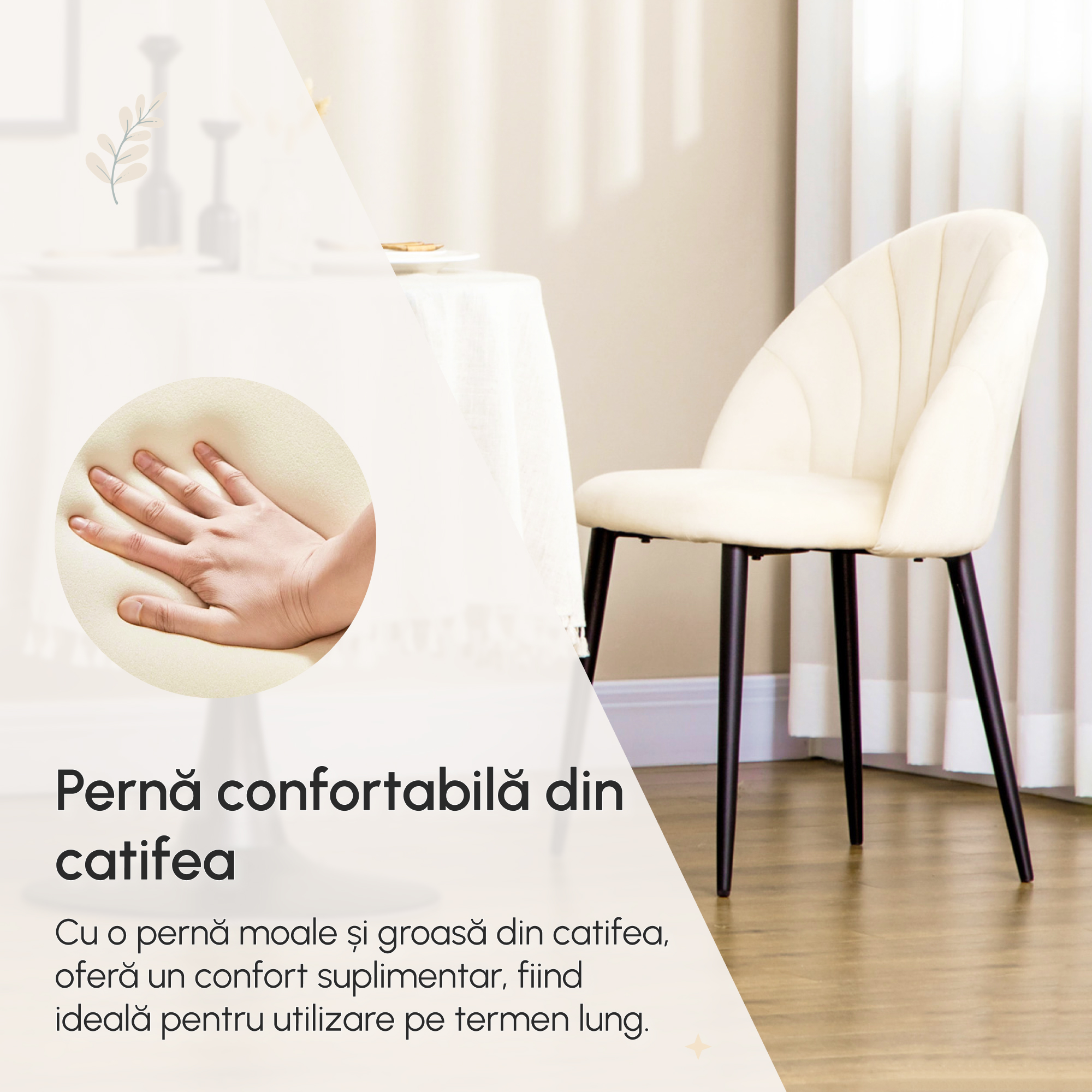  Set 2 scaune pentru camera de zi si sufragerie tapitate, cu design nordic si ergonomic, din metal si tapiterie cu efect de catifea bej, 52x54x79 cm [6]