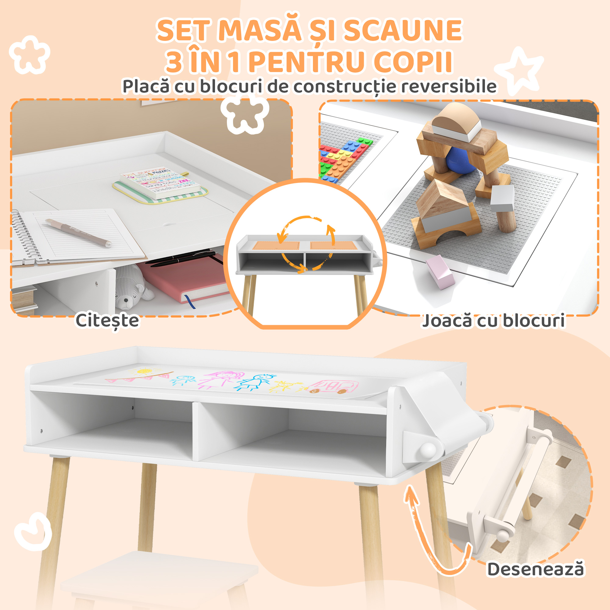 Set de Masa si Scaun pentru Copii, Masa de Activitati pentru Copii Mici 3 in 1 cu Tabla de Constructie, 87x45x59.5 cm, Alb [3]