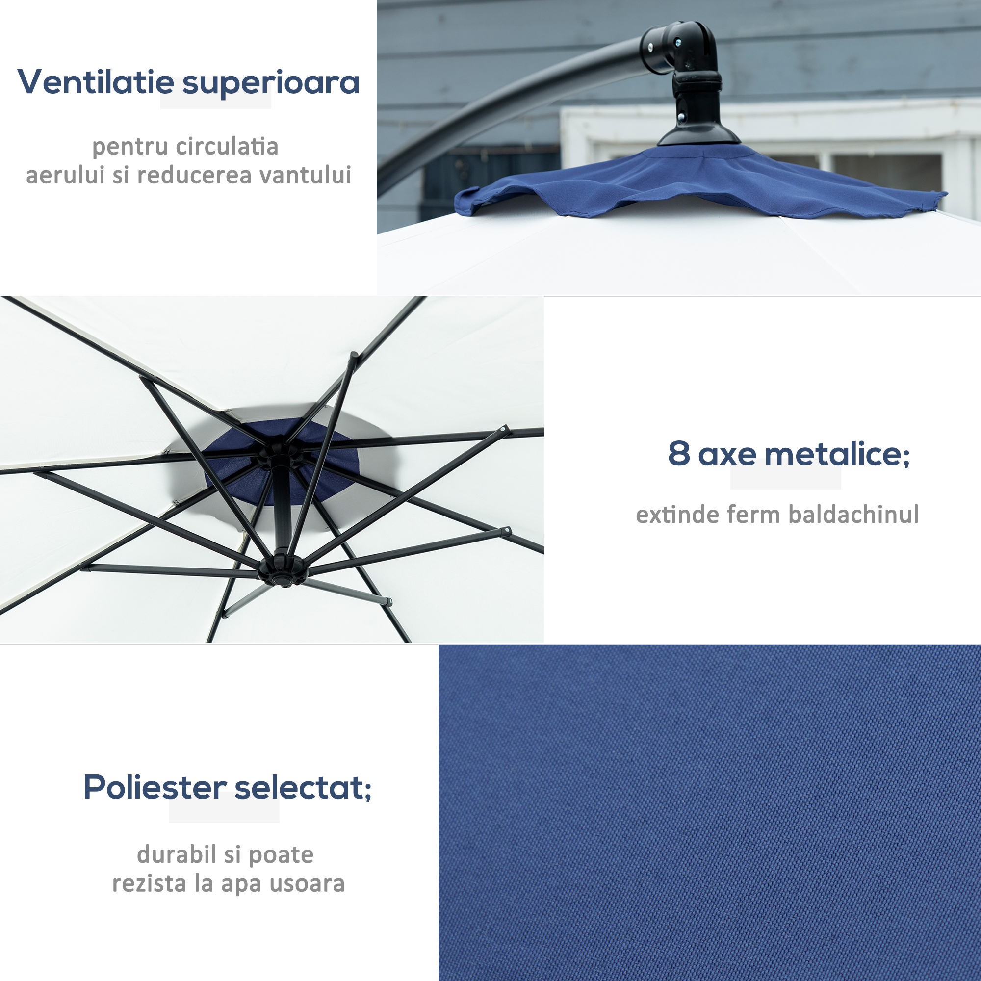  Umbrela de gradina cu brat 3x2 m, manivela, metal si poliester, albastru inchis si crem [4]