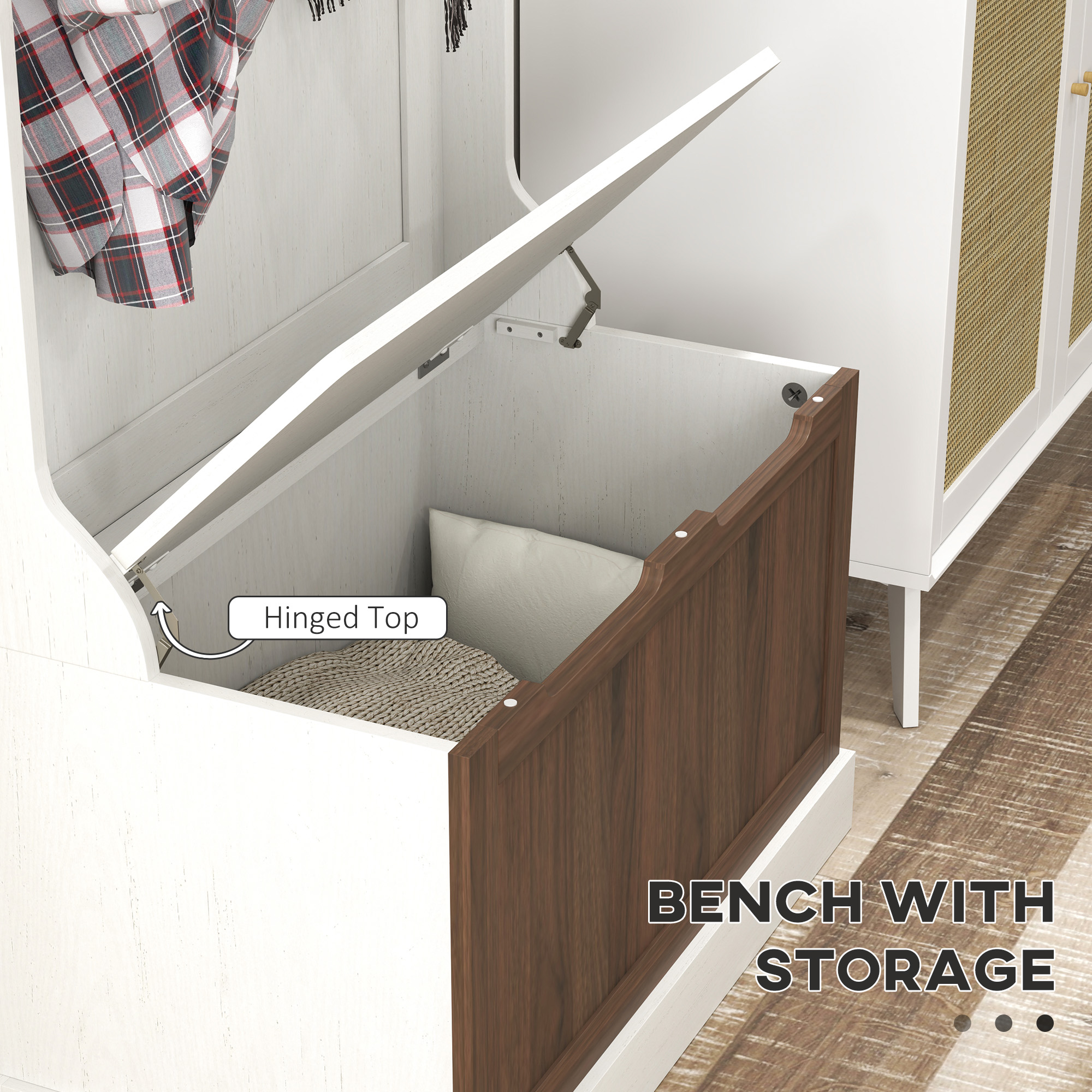  Cuier de Intrare 3 in 1 cu 4 Carlige, Etajera pentru Pantofi si Banca Depozitare, 71,5x39,5x170 cm, Maro [5]