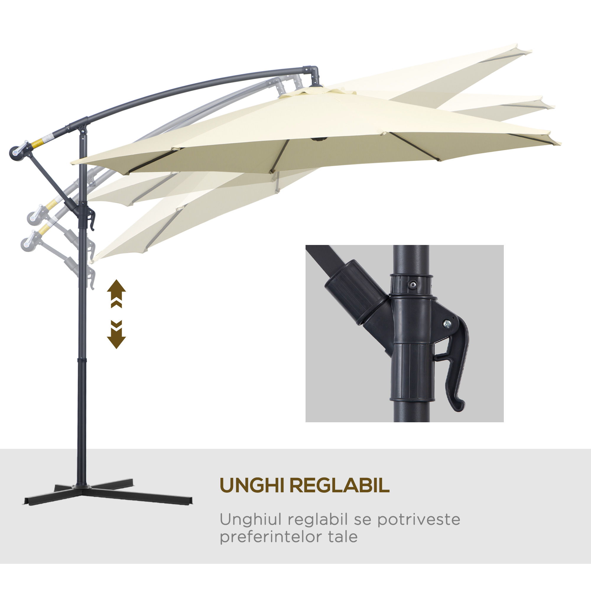  Umbrela de Soare Excentrica cu Baza in Cruce Inclusa, din Metal si Poliester, 3x2,5 m, Bej [4]