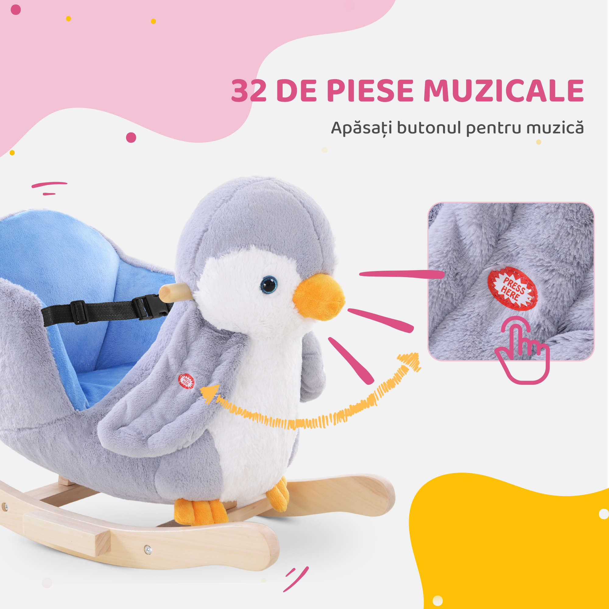  Balansoar Pinguin din Plus cu Melodii si Centura de Siguranta, Balansoar pentru Copii, 60x33x50 cm, Gri [4]