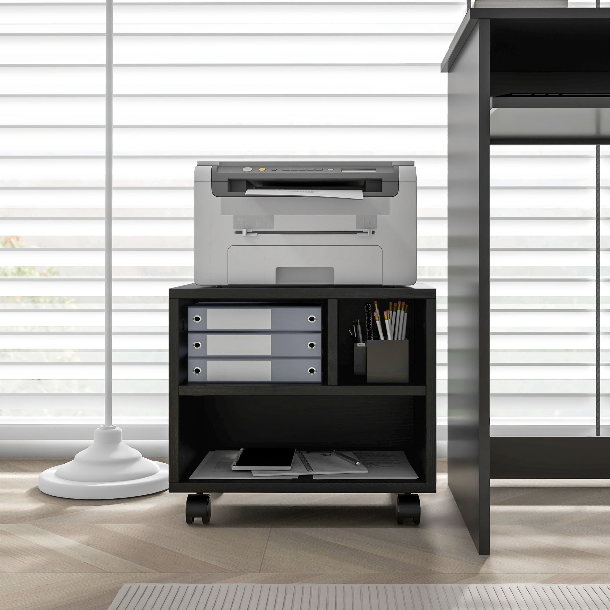  Suport Imprimanta pe 2 Niveluri cu Depozitare, Carucior Imprimanta pe Roti cu 3 Compartimente, 40x30x36 cm, Negru [8]