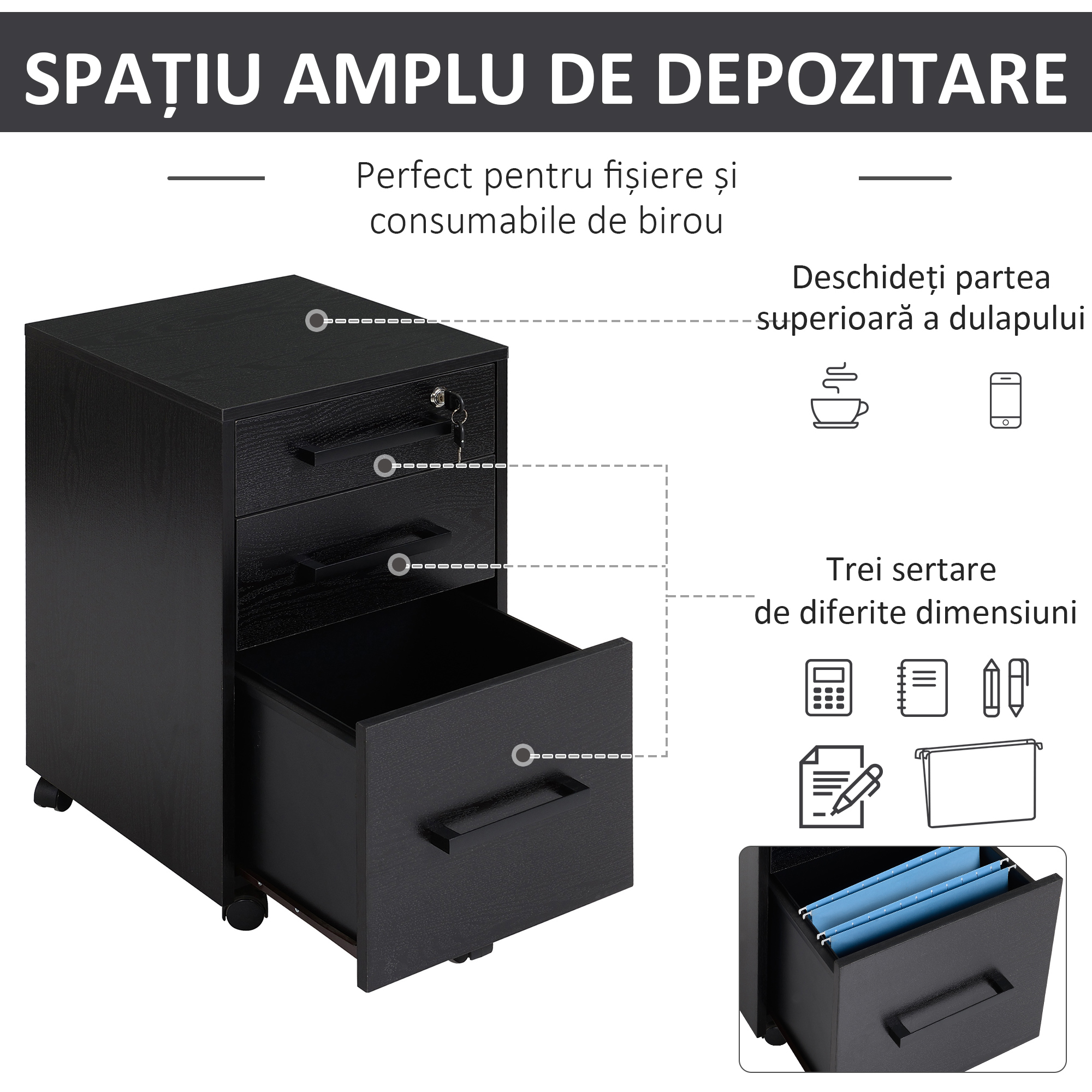  Comoda Birou Neagra - 3 Sertare cu Roti 39×40×65,4 cm [3]