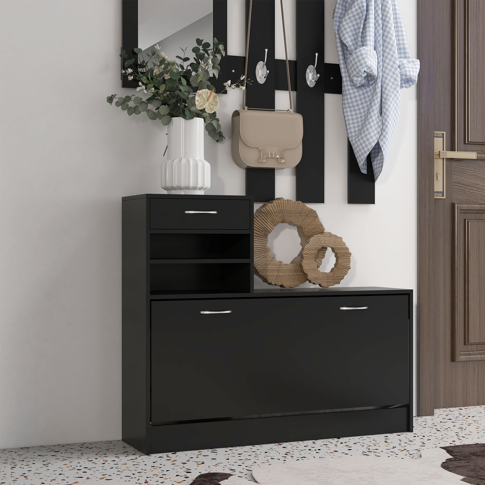  Dulap pentru Intrare Cuier cu Pantofar si Oglinda, Rafturi si Sertar, Dulap Cuier din PAL, 90x10x91 cm, Negru [6]