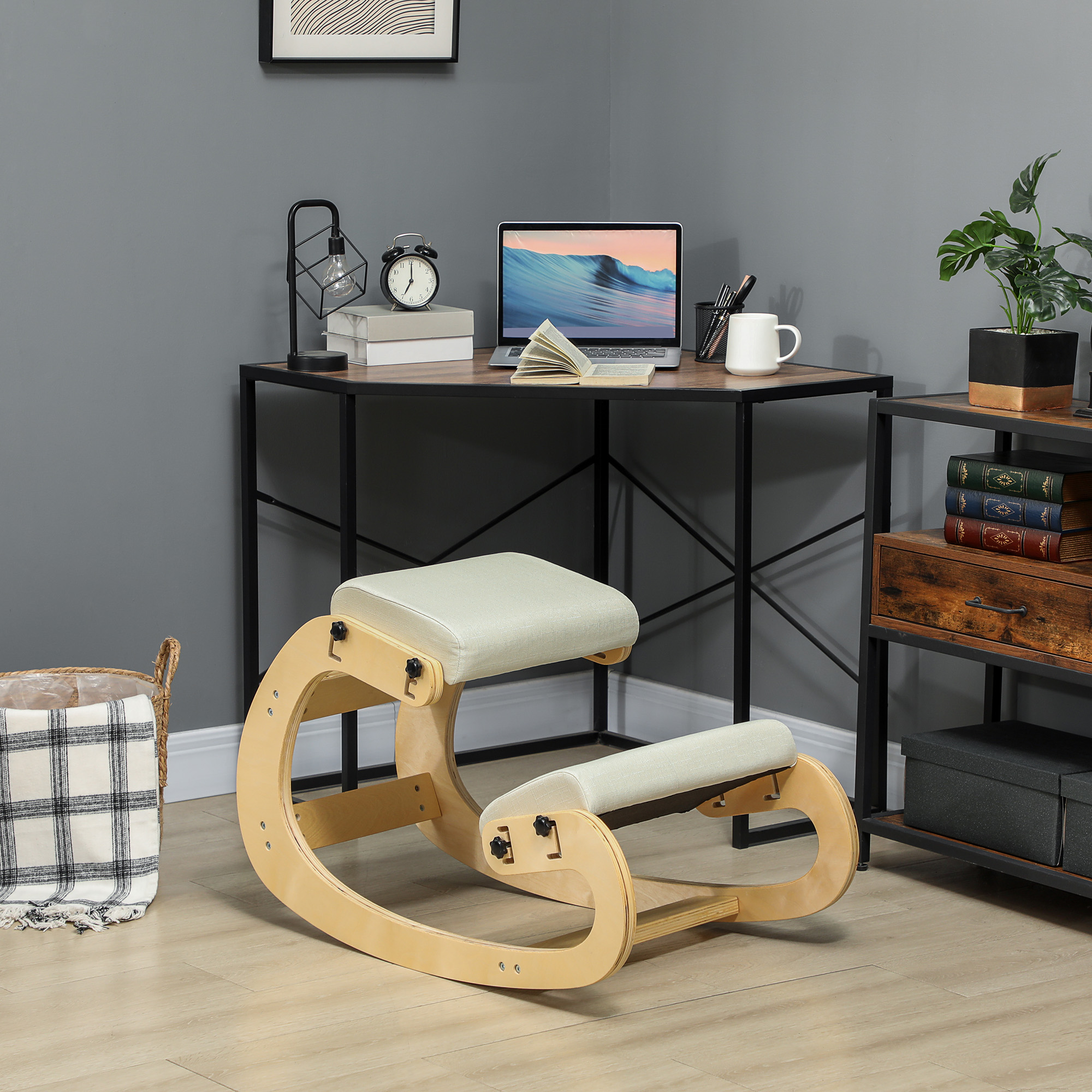  Scaun ergonomic reglabil in 6 pozitii, din material textil cu efect de in si lemn de mesteacan, 55x85x55 cm, crem [1]