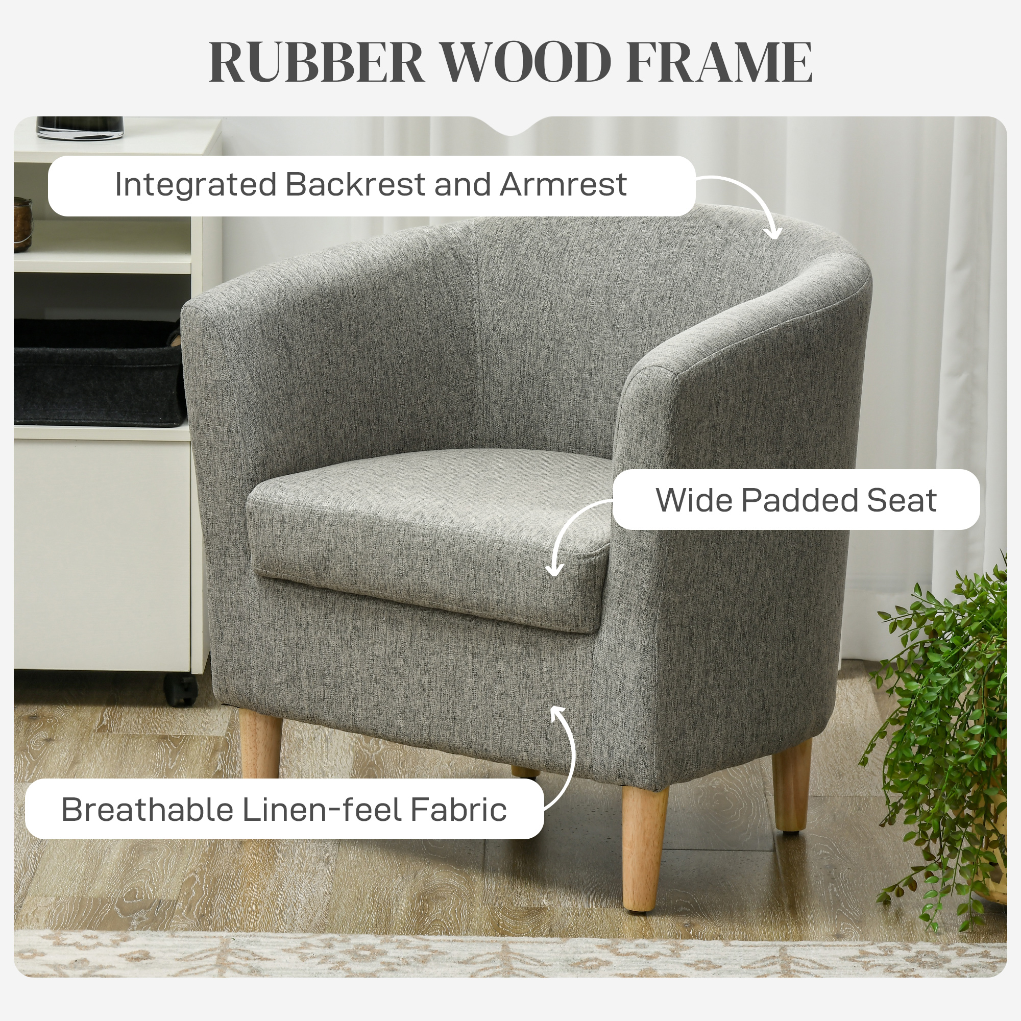  Fotoliu Modern, Scaun Accent Tapitat cu Picioare din Lemn, Scaun din Material Textil, 74x63x73 cm, Gri [3]