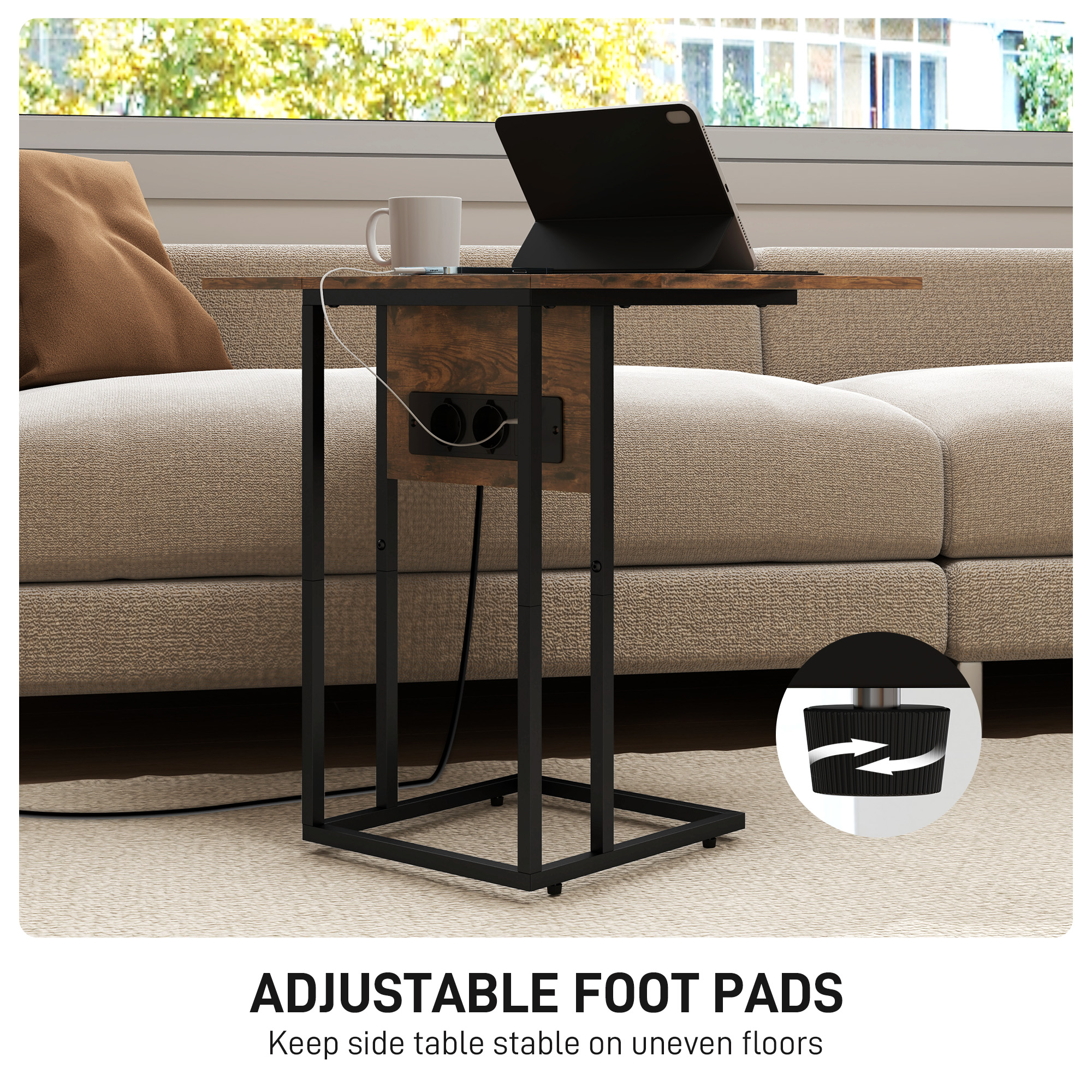  Masa de cafea extensibila in forma de C cu 2 statii de incarcare, din lemn si metal, 39x29x57 cm, negru si maro [5]