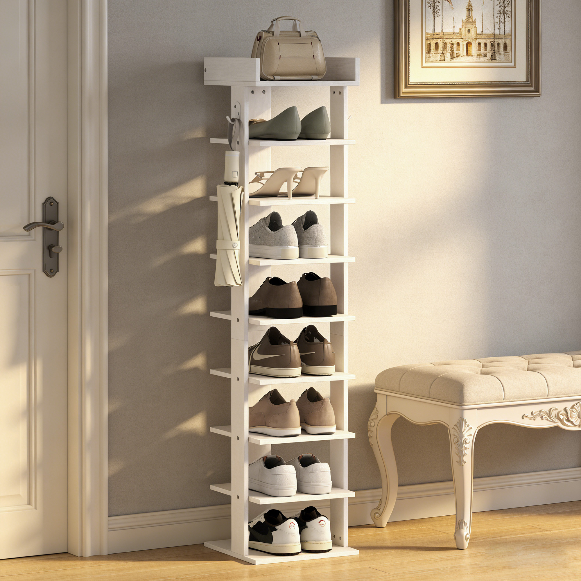  Pantofar 9 niveluri organizator din lemn pentru pantofi cu raft superior si 2 carlige, pentru hol, Alb [4]