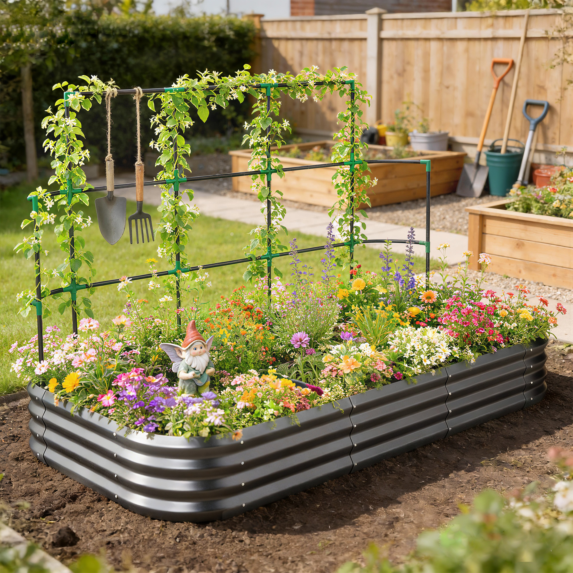  Pat de Gradina inaltat din Metal cu Grilaj, Suport pentru Plante Cataratoare, Flori si Legume, 220x110x150 cm, Gri inchis [4]