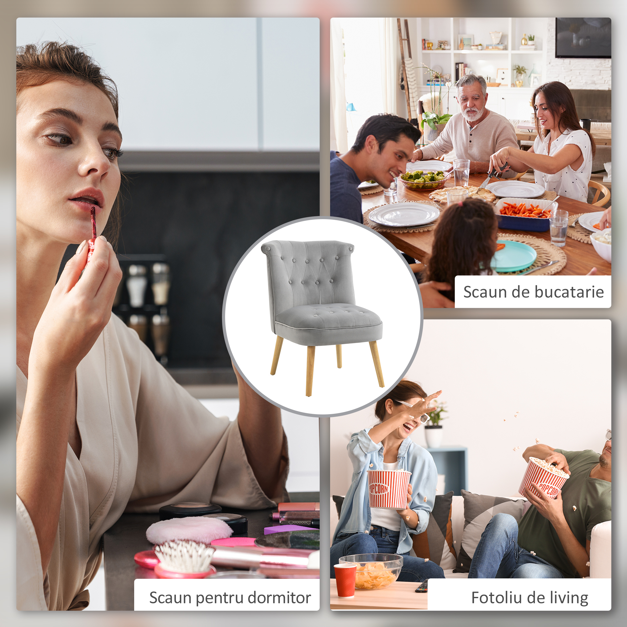 Scaun modern de accent capitonat, fotoliu de catifea pentru dormitor cu picioare din lemn, gri [5]