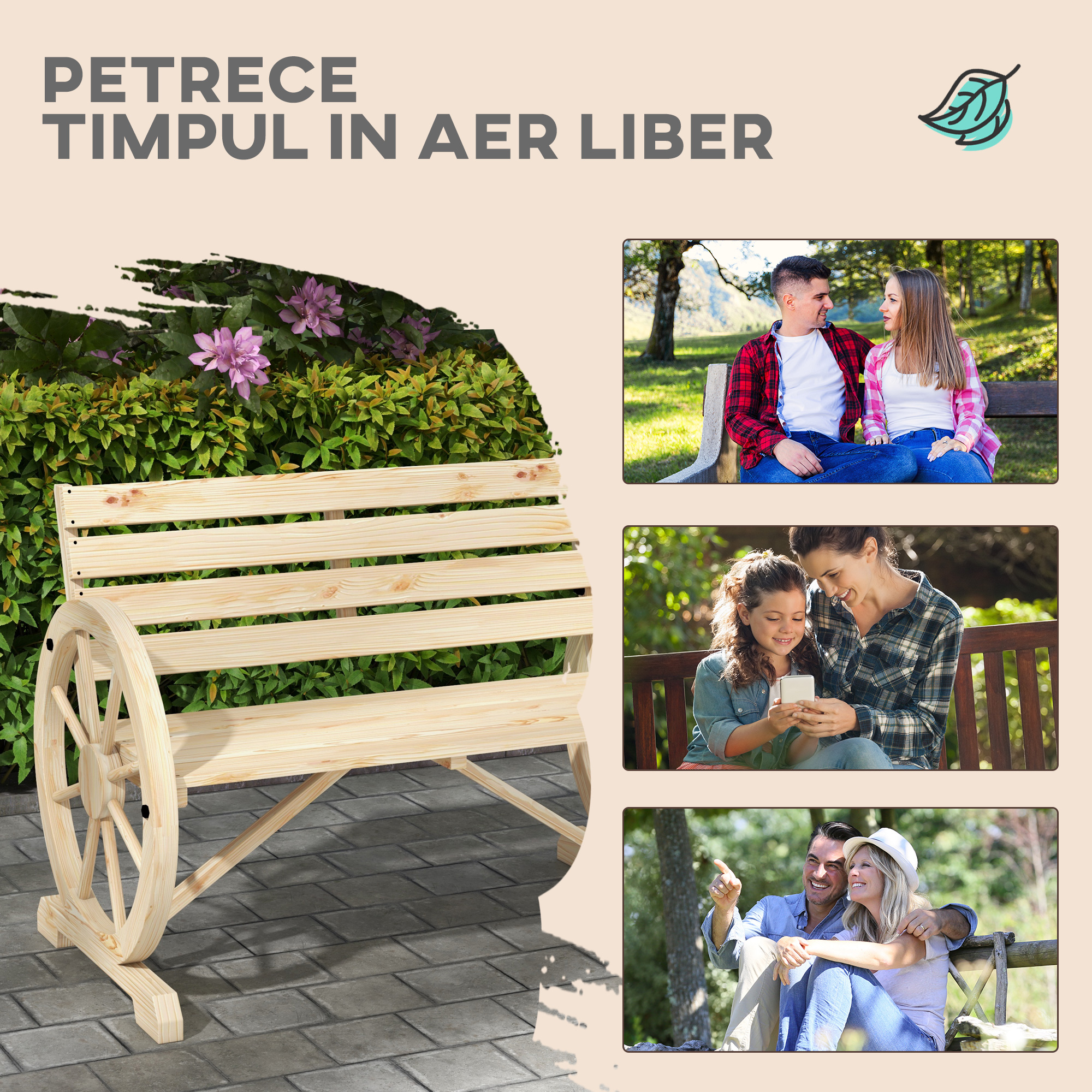  Banca de Gradina cu 2 Locuri, din Lamele cu Manere in Forma de Roata de Caruta, din Lemn, 105,5x56x79 cm, Culoare Lemn [6]